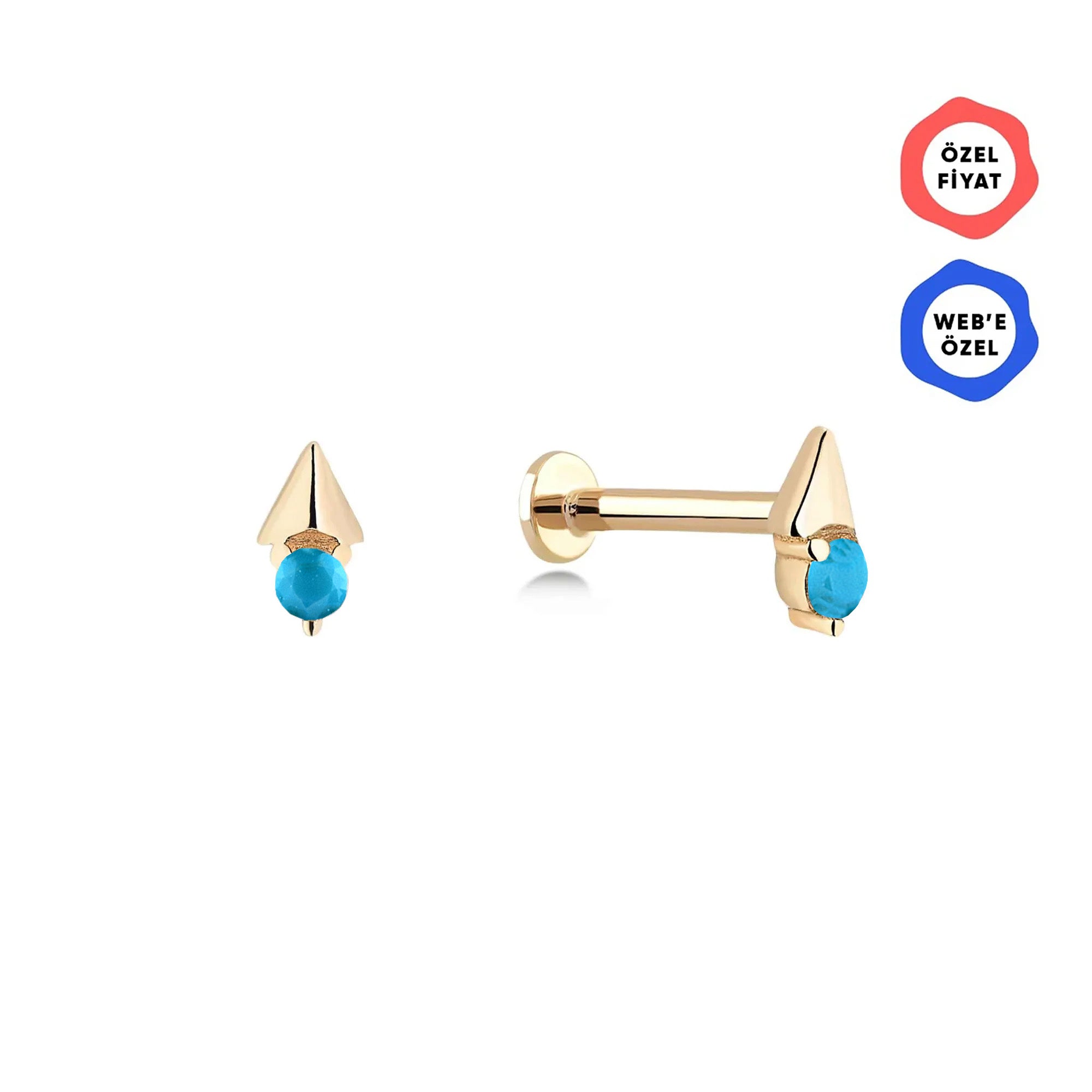 Gusto Turkuaz Taşlı Prizma Altın Tragus Piercing / 14 Ayar Sarı Altın