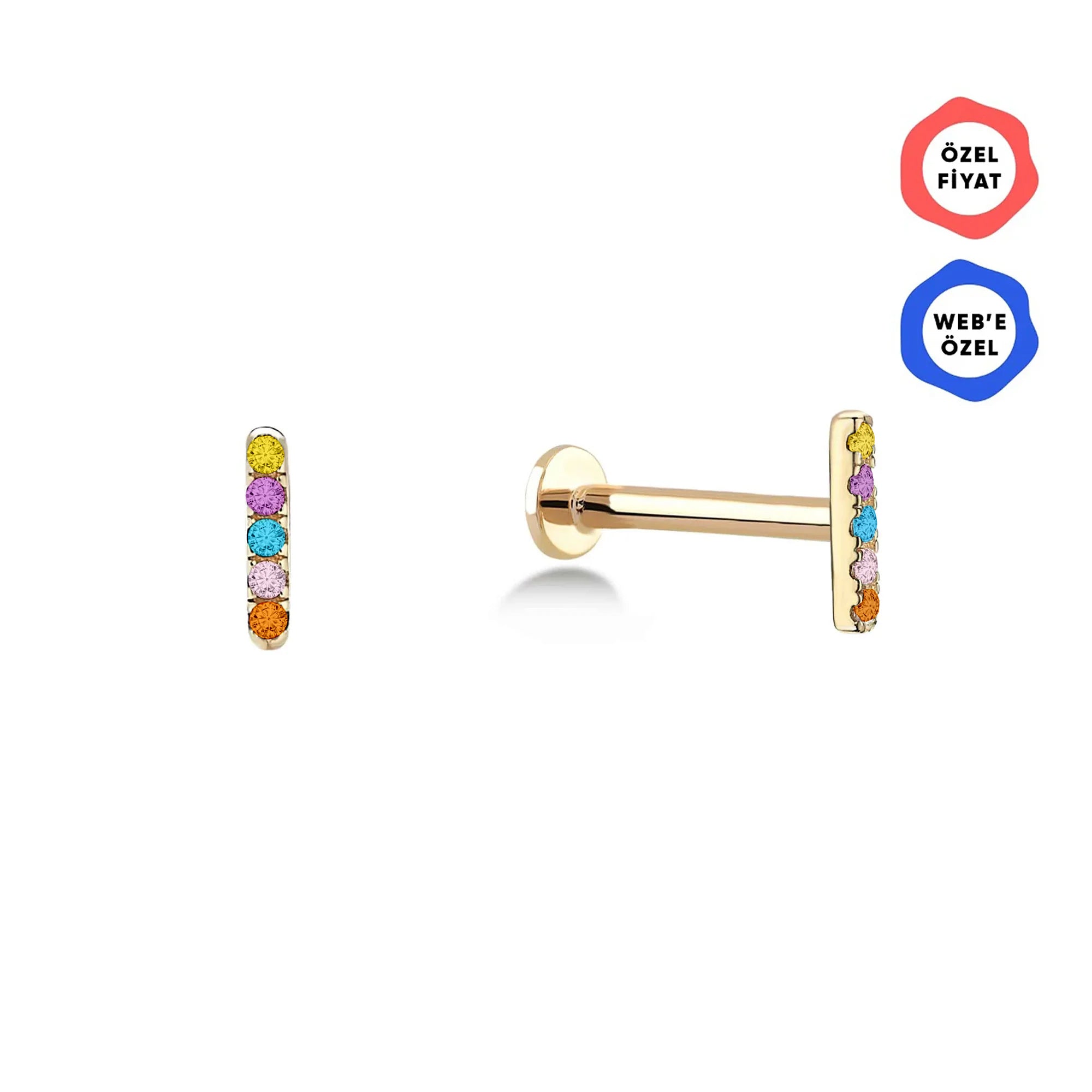 Gusto Renkli Taşlı Bar Altın Tragus Piercing / 14 Ayar Sarı Altın