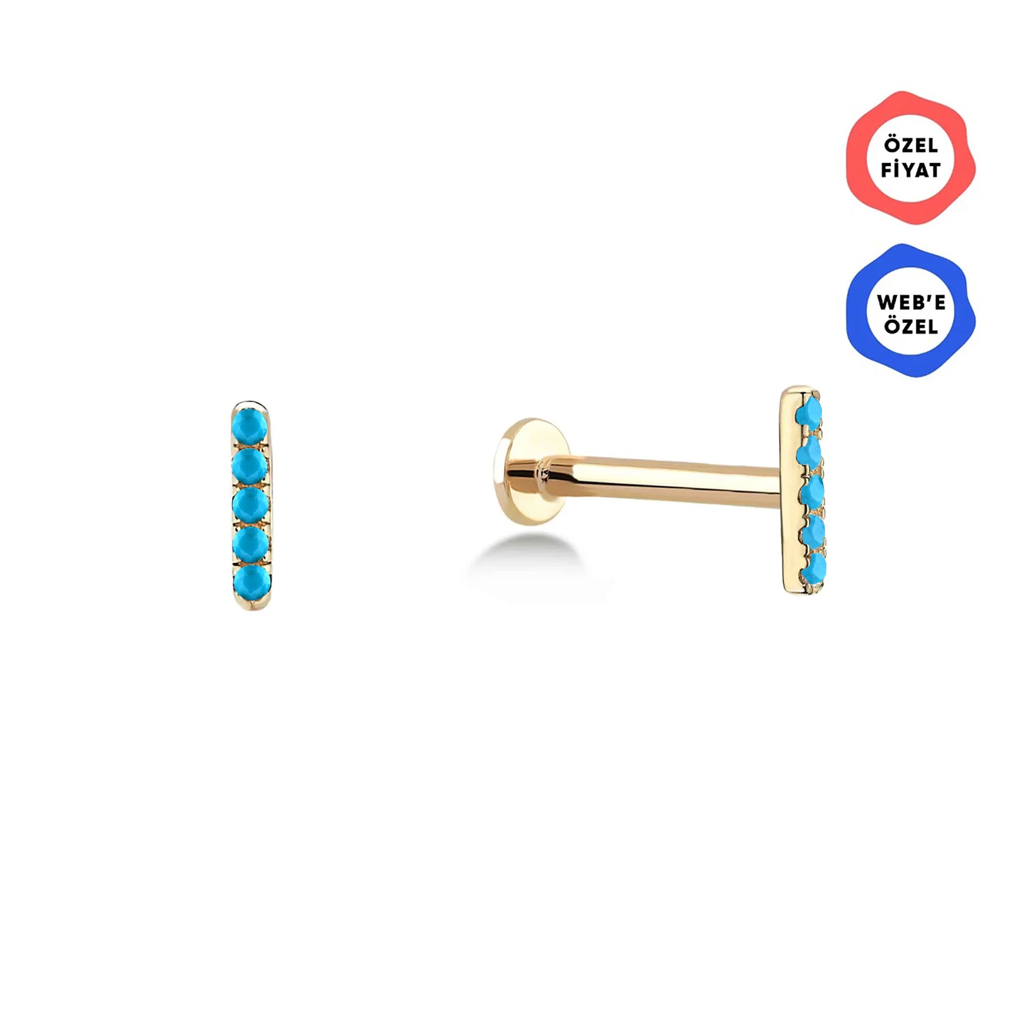 Gusto Turkuaz Taşlı Bar Altın Tragus Piercing / 14 Ayar Sarı Altın
