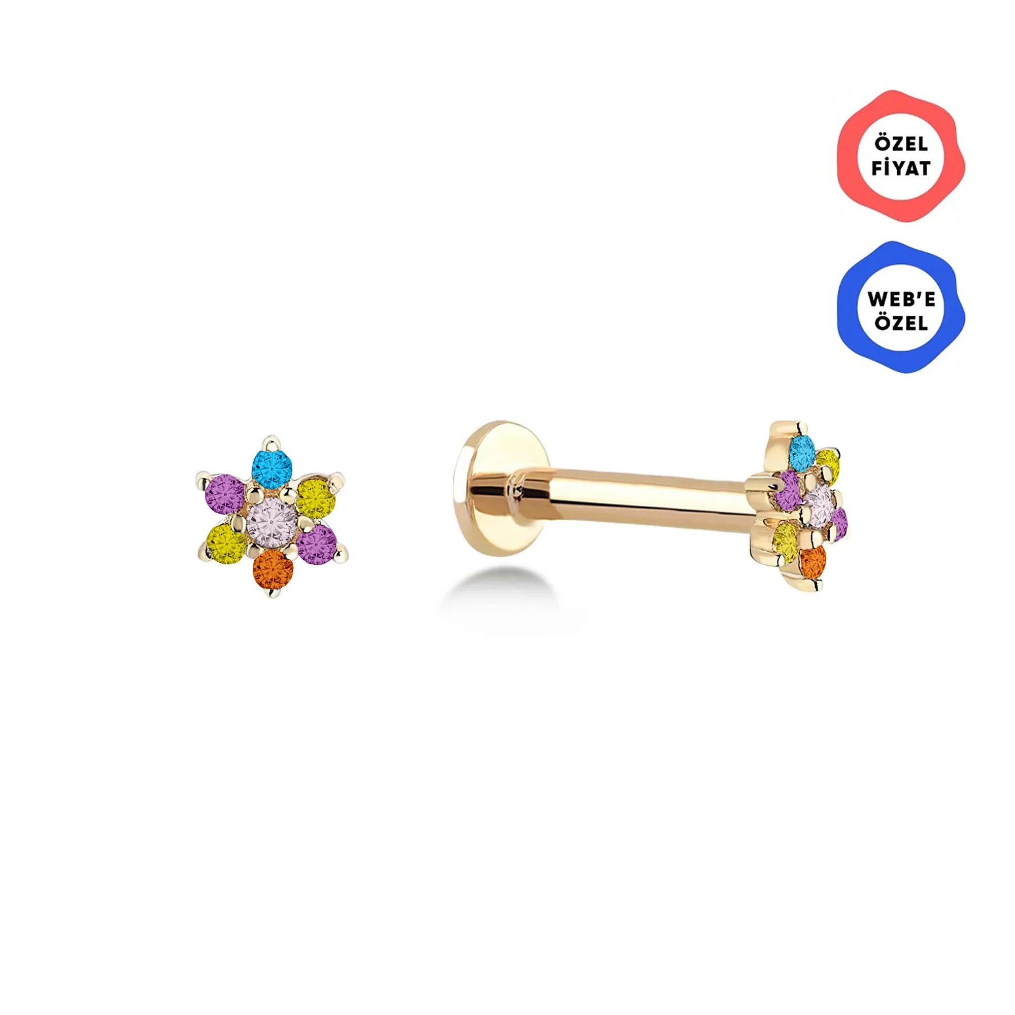 Gusto Renkli Taşlı Altın Tragus Çiçek Piercing / 14 Ayar Sarı Altın