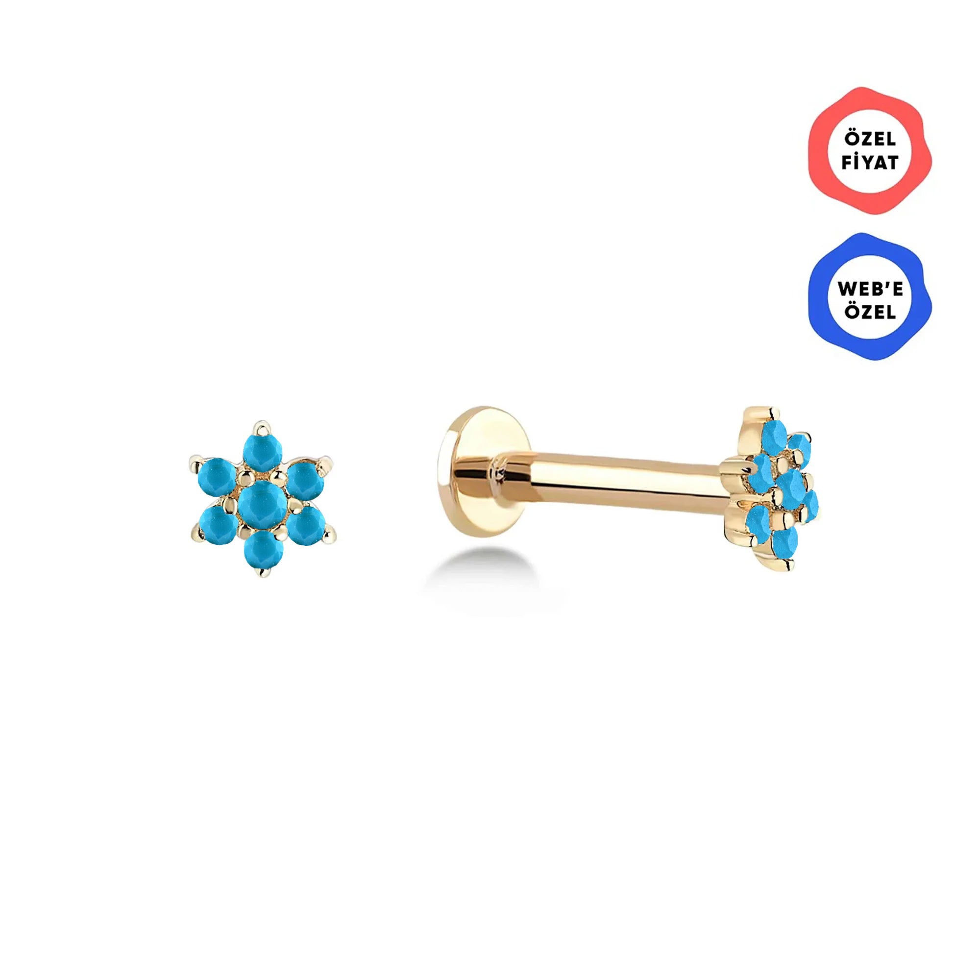 Gusto Turkuaz Taşlı Altın Tragus Çiçek Piercing / 14 Ayar Sarı Altın