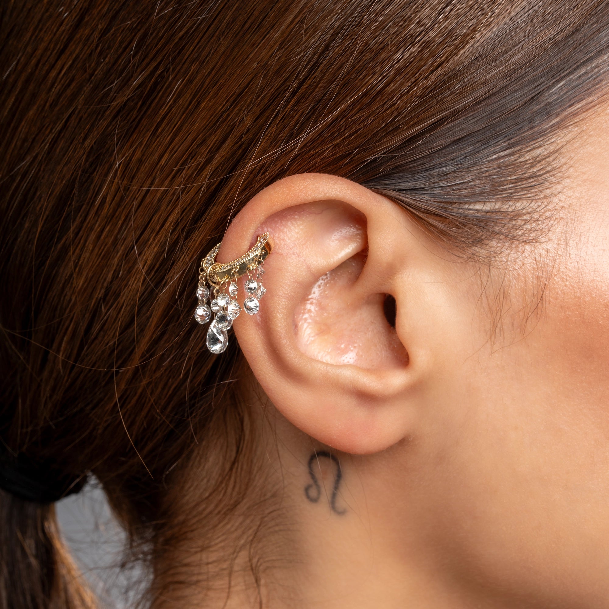 Zincir Sallantılı Damla Taşlı Halka Piercing / 14 Ayar Sarı Altın
