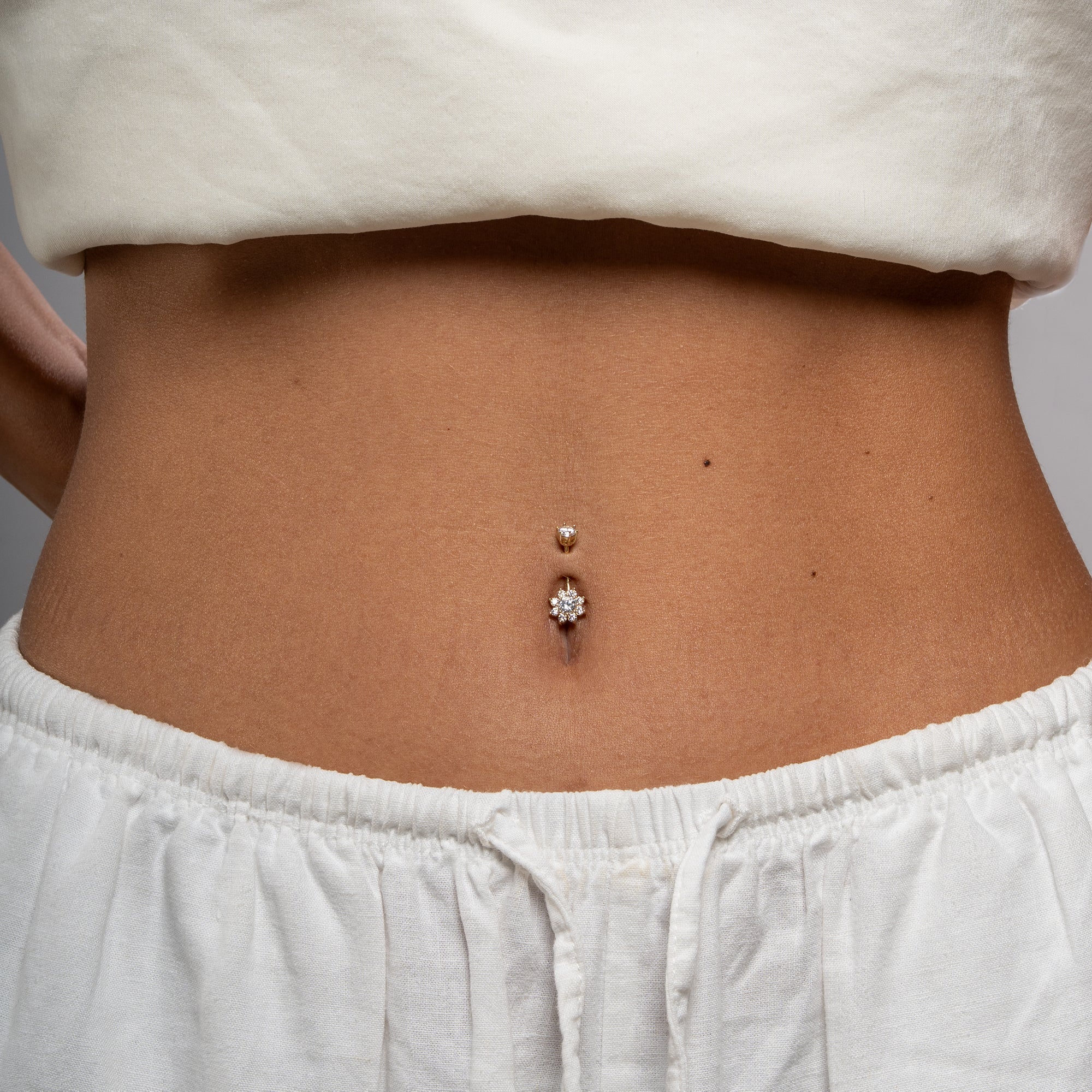 Çiçek ve Tek Taşlı Altın Göbek Piercing / 14 Ayar Sarı Altın