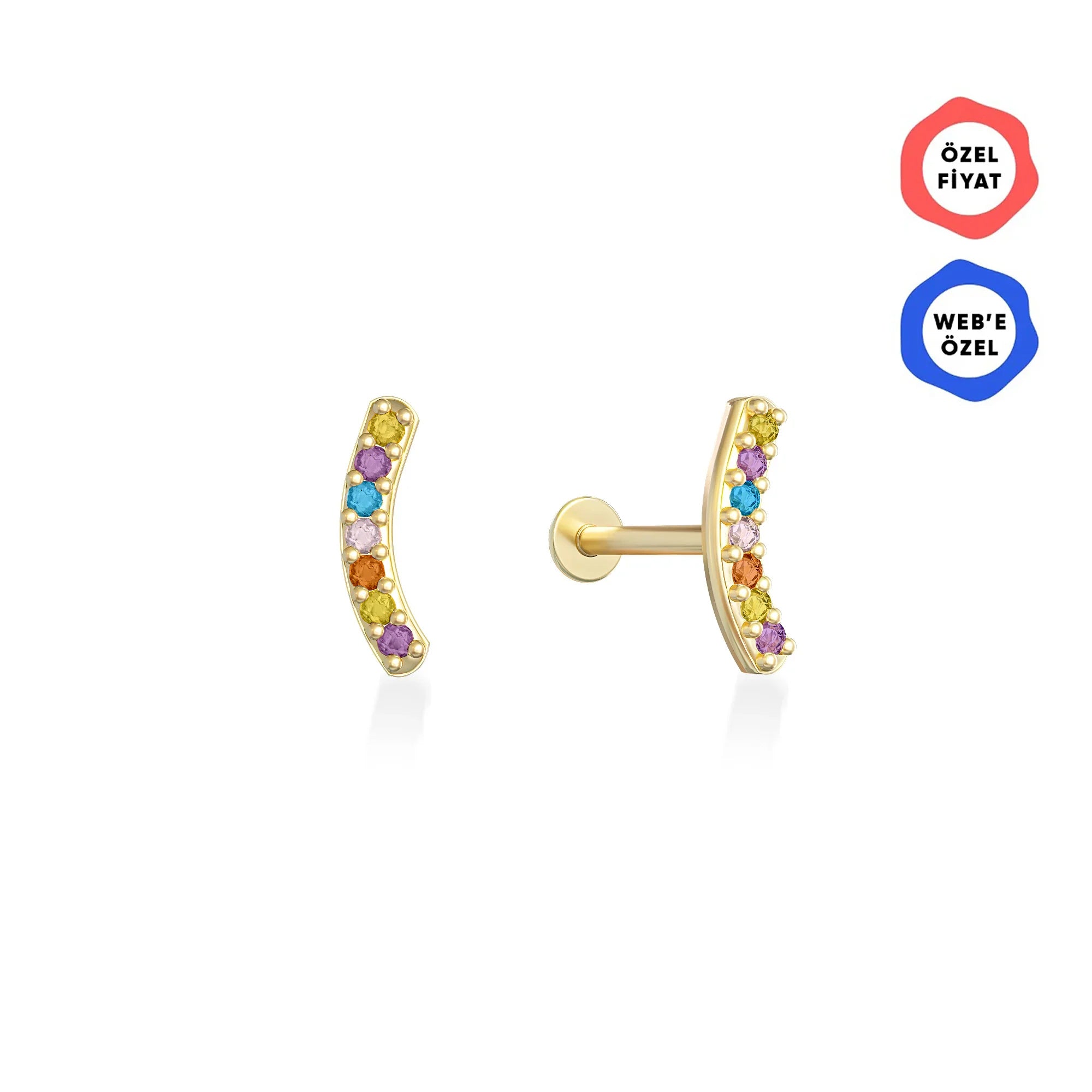 Gusto Minimal Arc Renkli Taşlı Altın Tragus Piercing / 14 Ayar Sarı Altın
