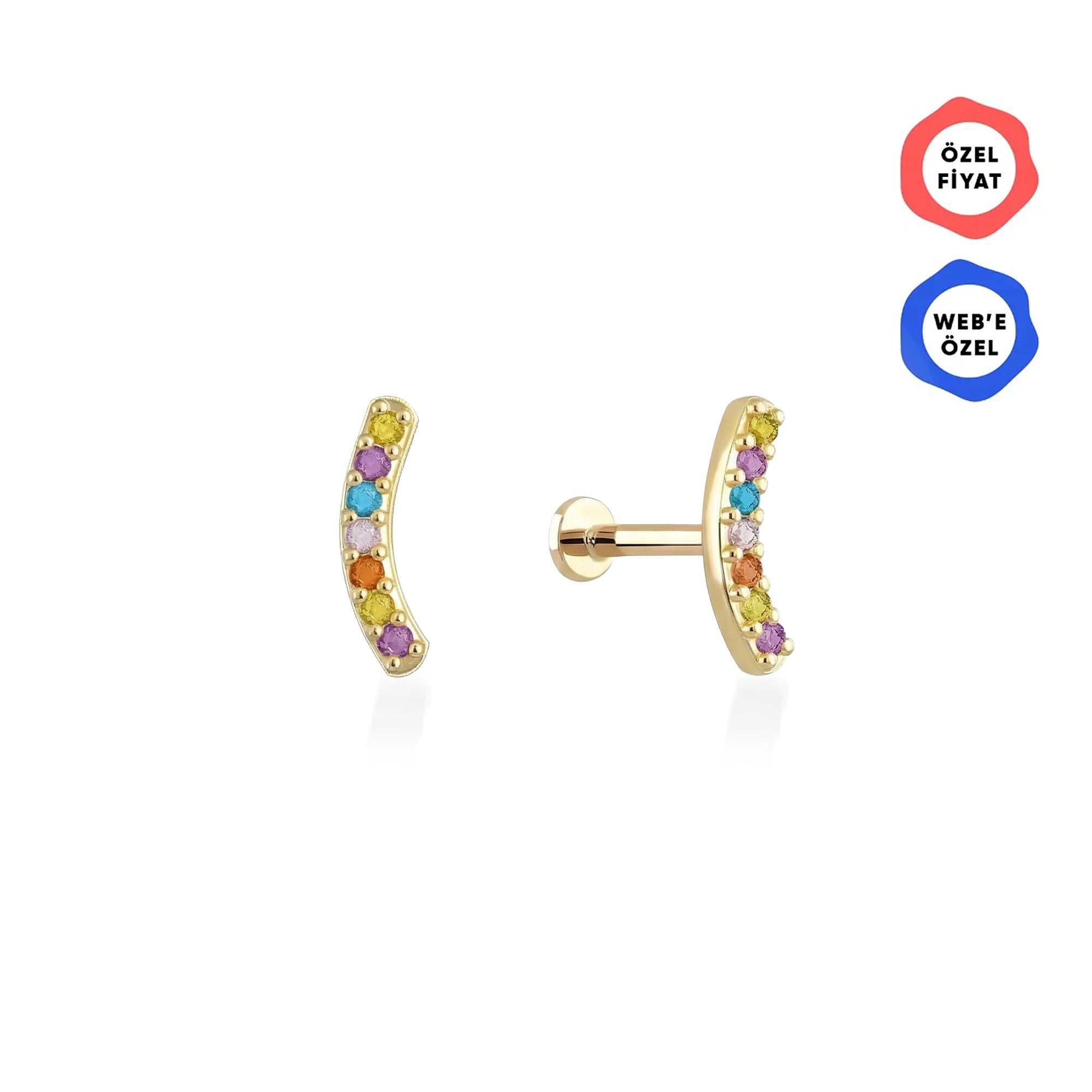 Gusto Minimal Arc Renkli Taşlı Altın Tragus Piercing / 14 Ayar Sarı Altın