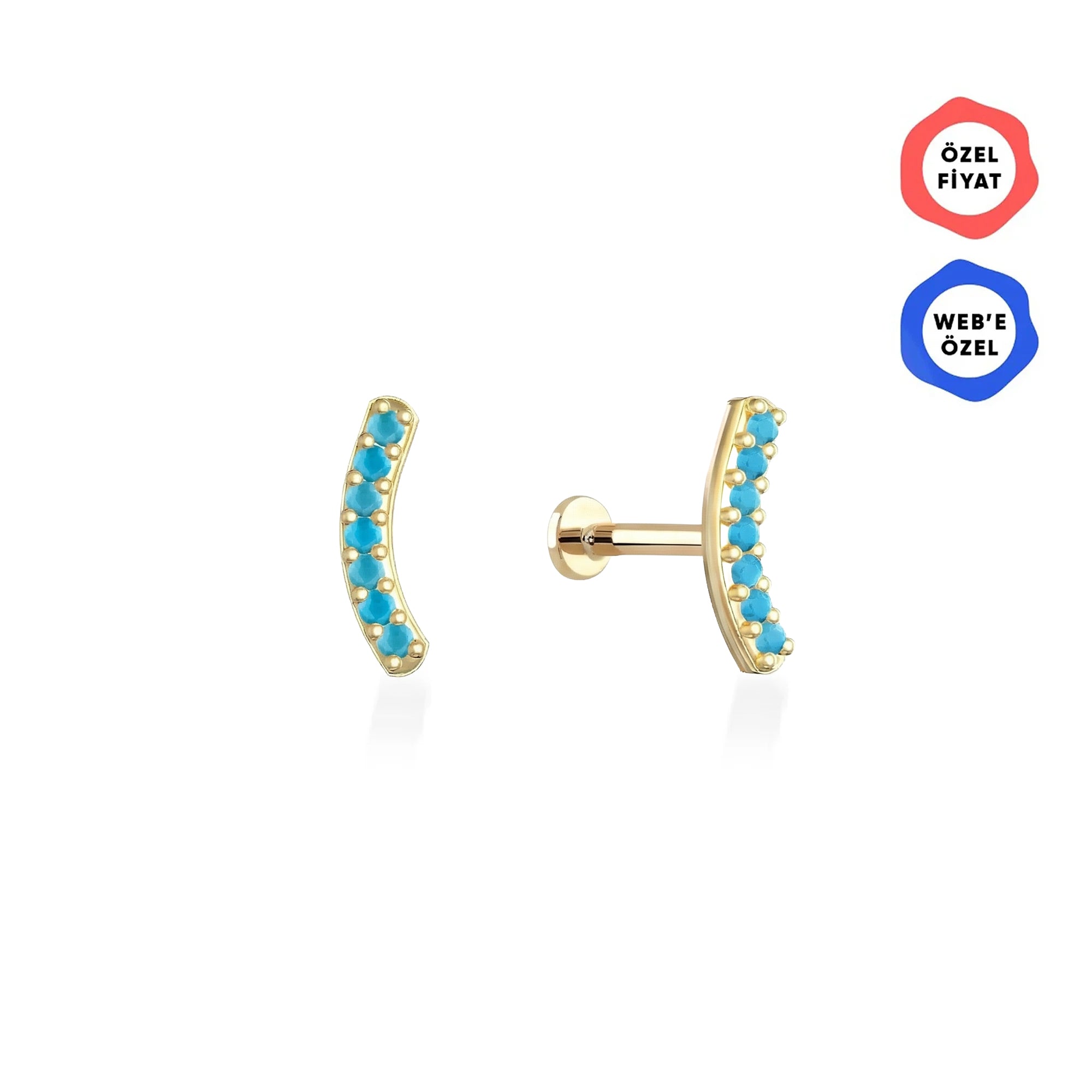 Gusto Minimal Arc Turkuaz Taşlı Altın Tragus Piercing / 14 Ayar Sarı Altın