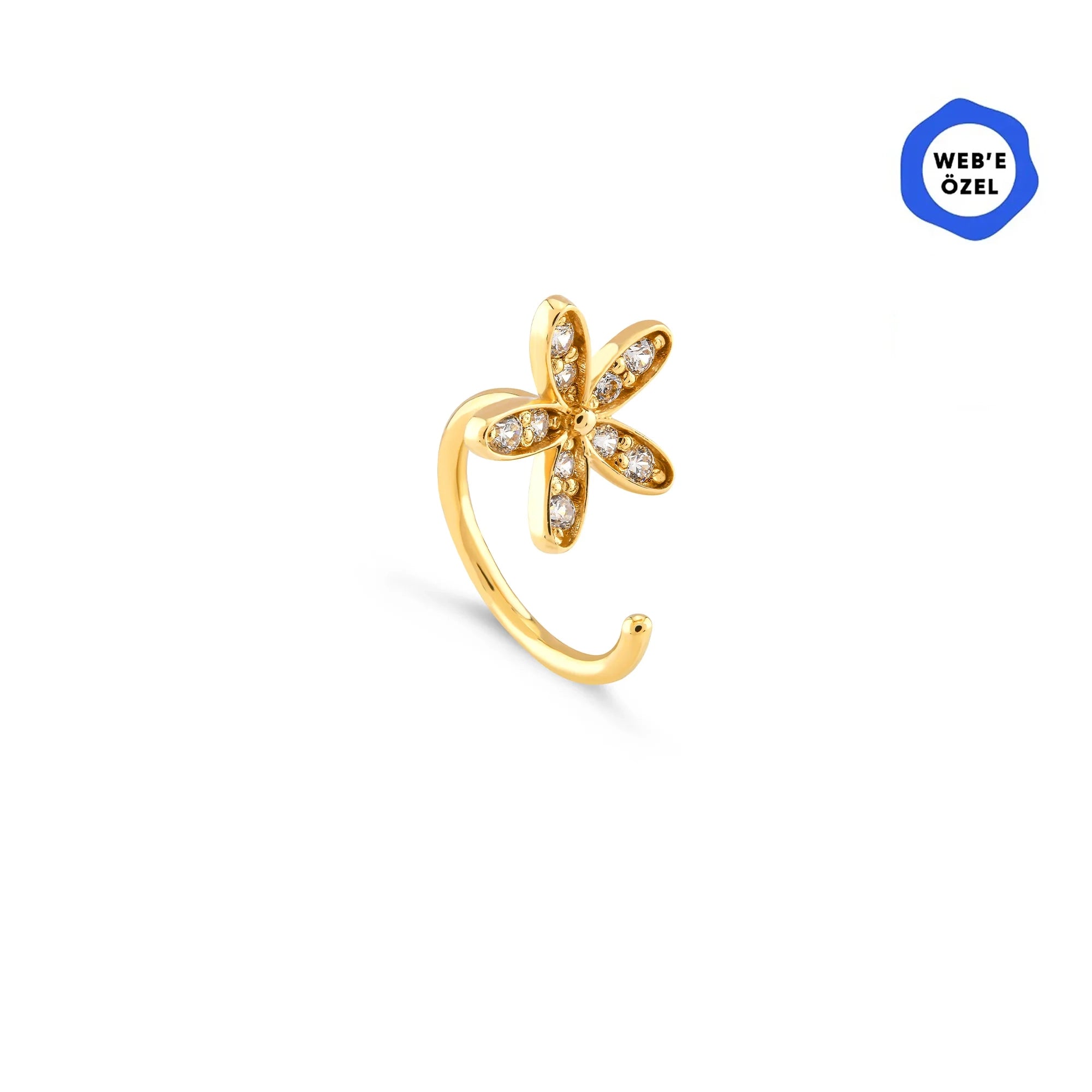 Latte Yaprakları Taşlı Papatya Çiçeği Altın Relax Piercing / 14 Ayar Sarı Altın