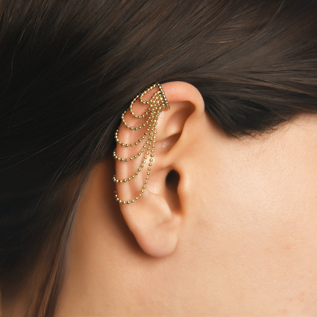 Toplu Sıkıştırmalı Dorika Kat Kat Sallantılı Altın Halka Earcuff / 14 Ayar Sarı Altın