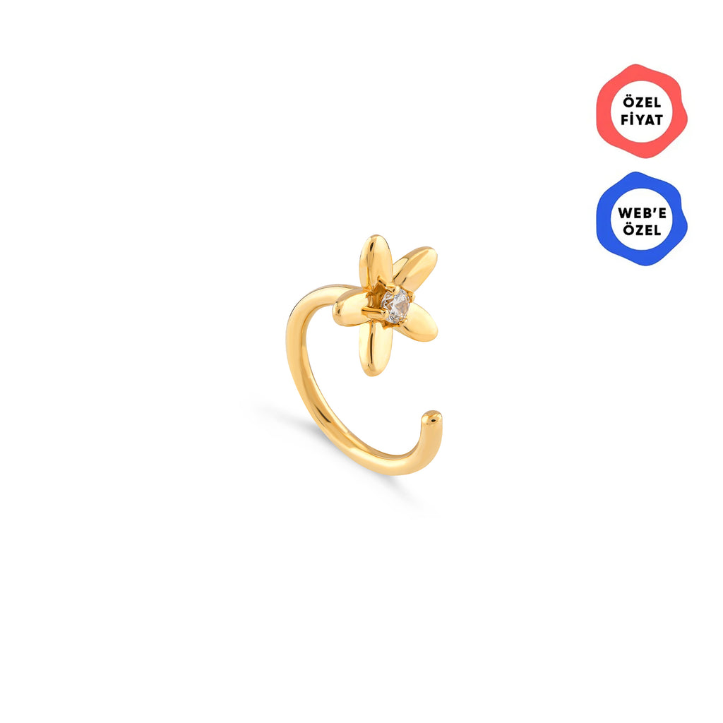Latte Bold Taşlı Papatya Çiçeği Altın Relax Piercing / 14 Ayar Sarı Altın