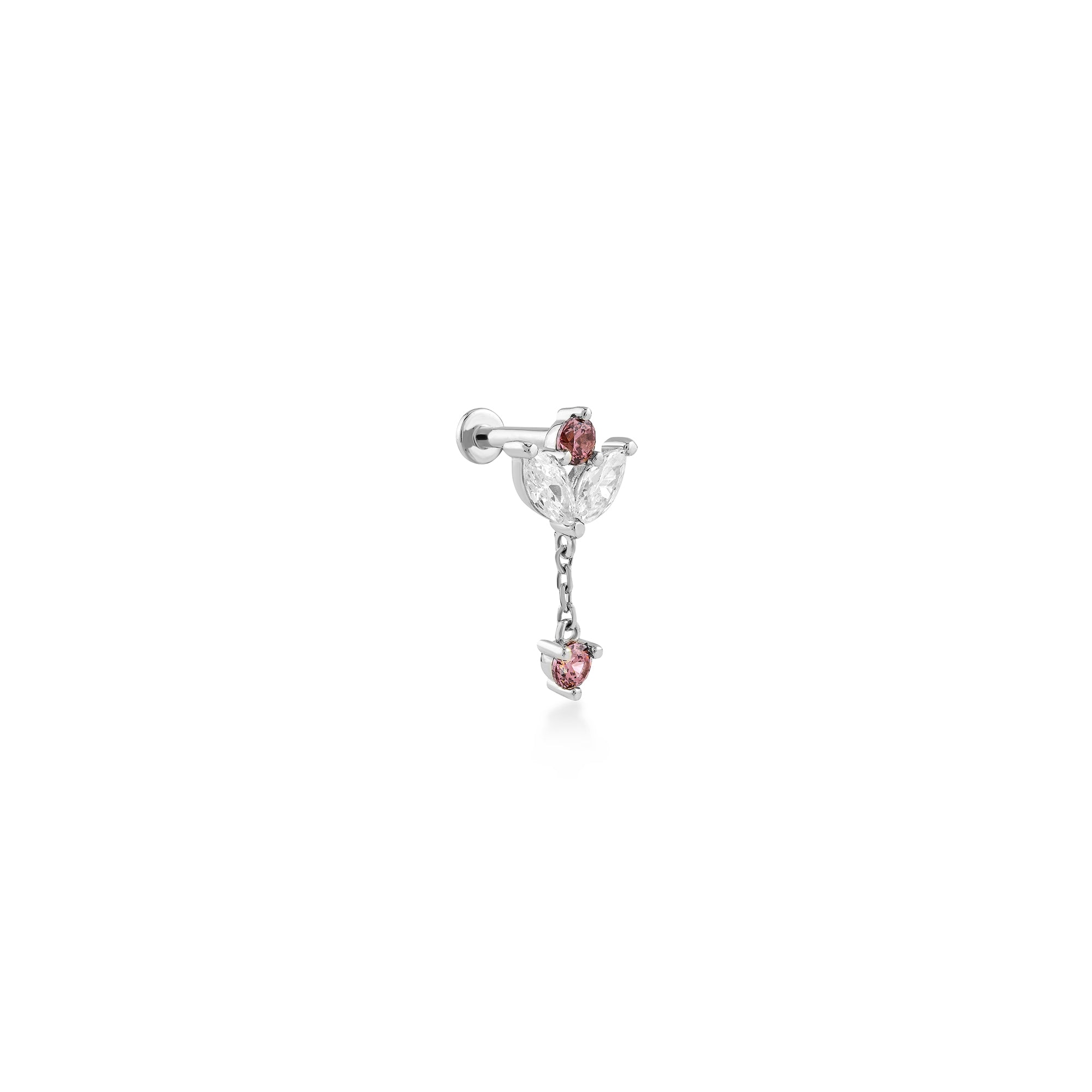 Yaprak Form Markiz Kesim Taşlı Altın Piercing / 14 Ayar beyaz Altın