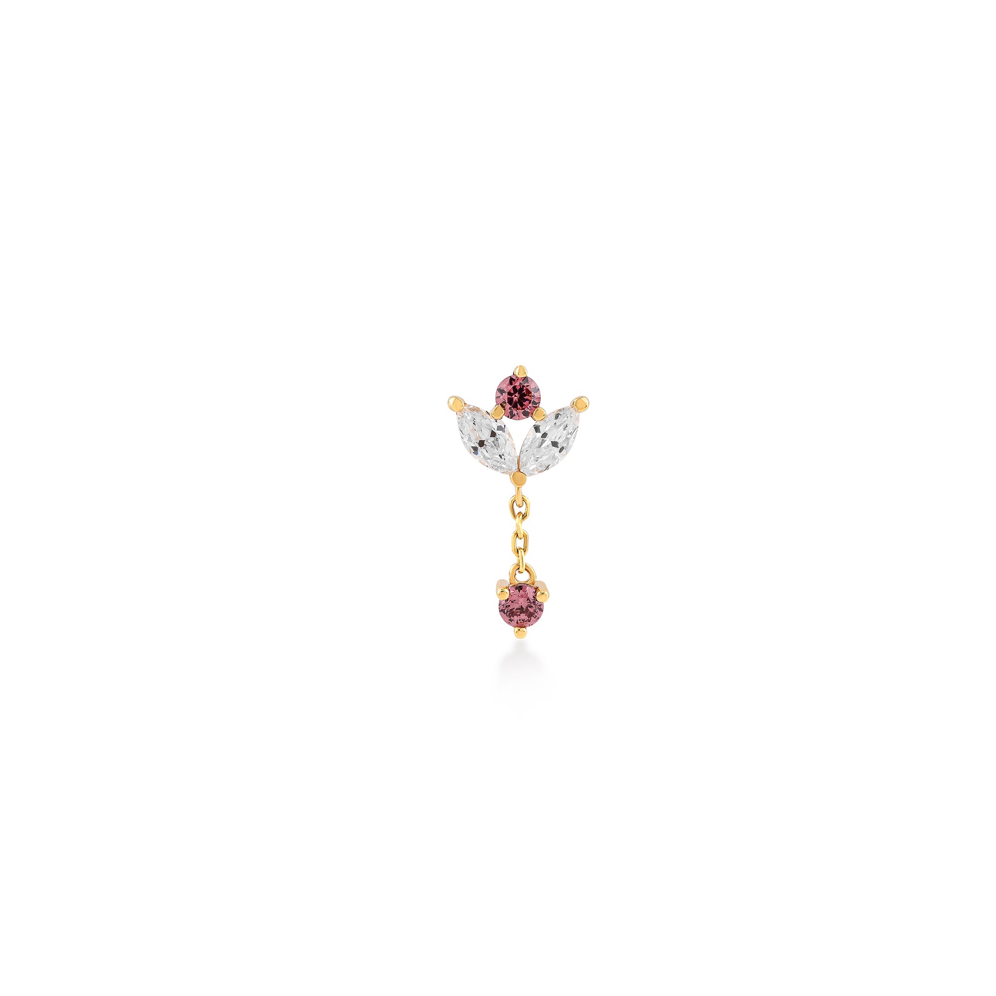 Yaprak Form Markiz Kesim Taşlı Altın Piercing / 14 Ayar Sarı Altın