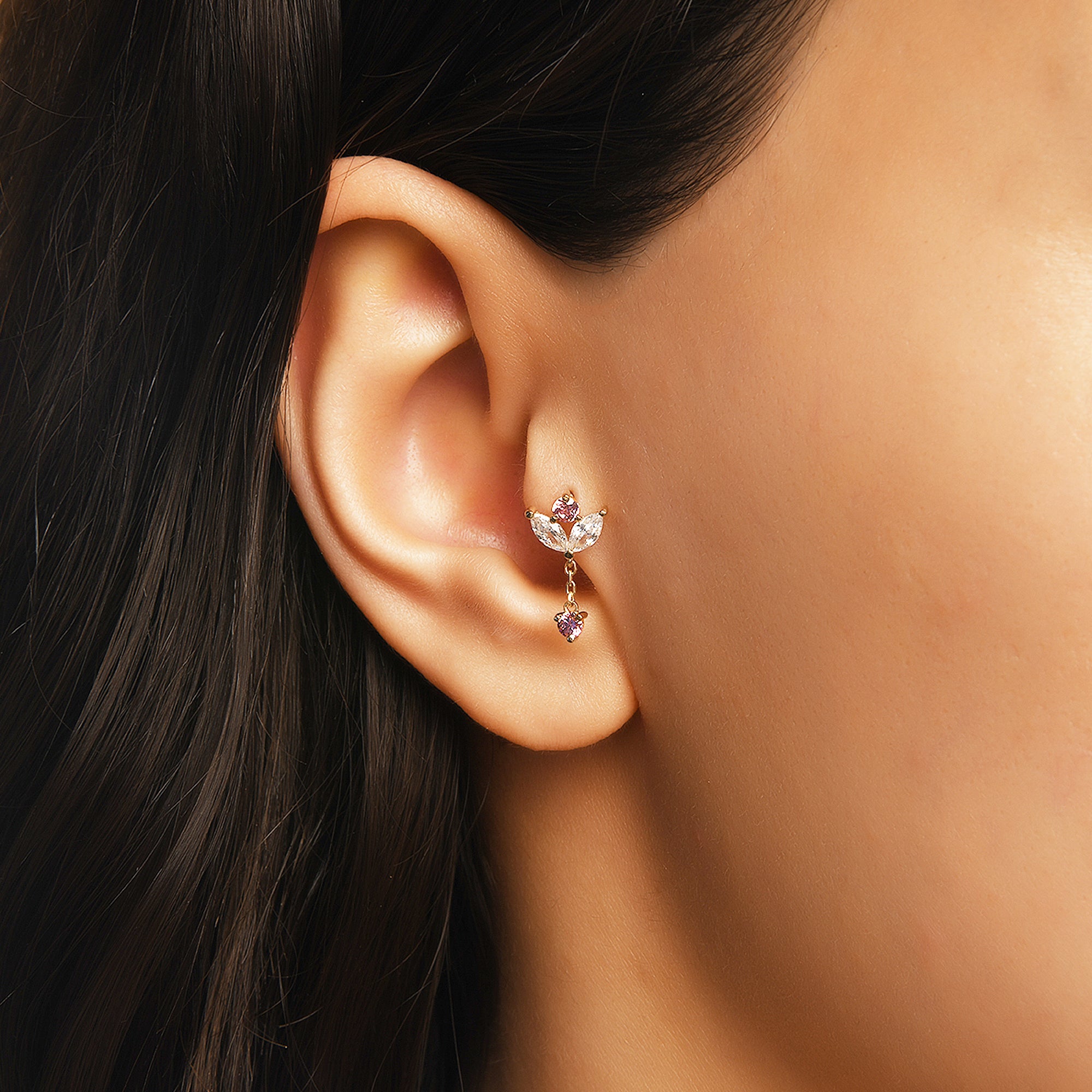Yaprak Form Markiz Kesim Taşlı Altın Piercing / 14 Ayar Sarı Altın