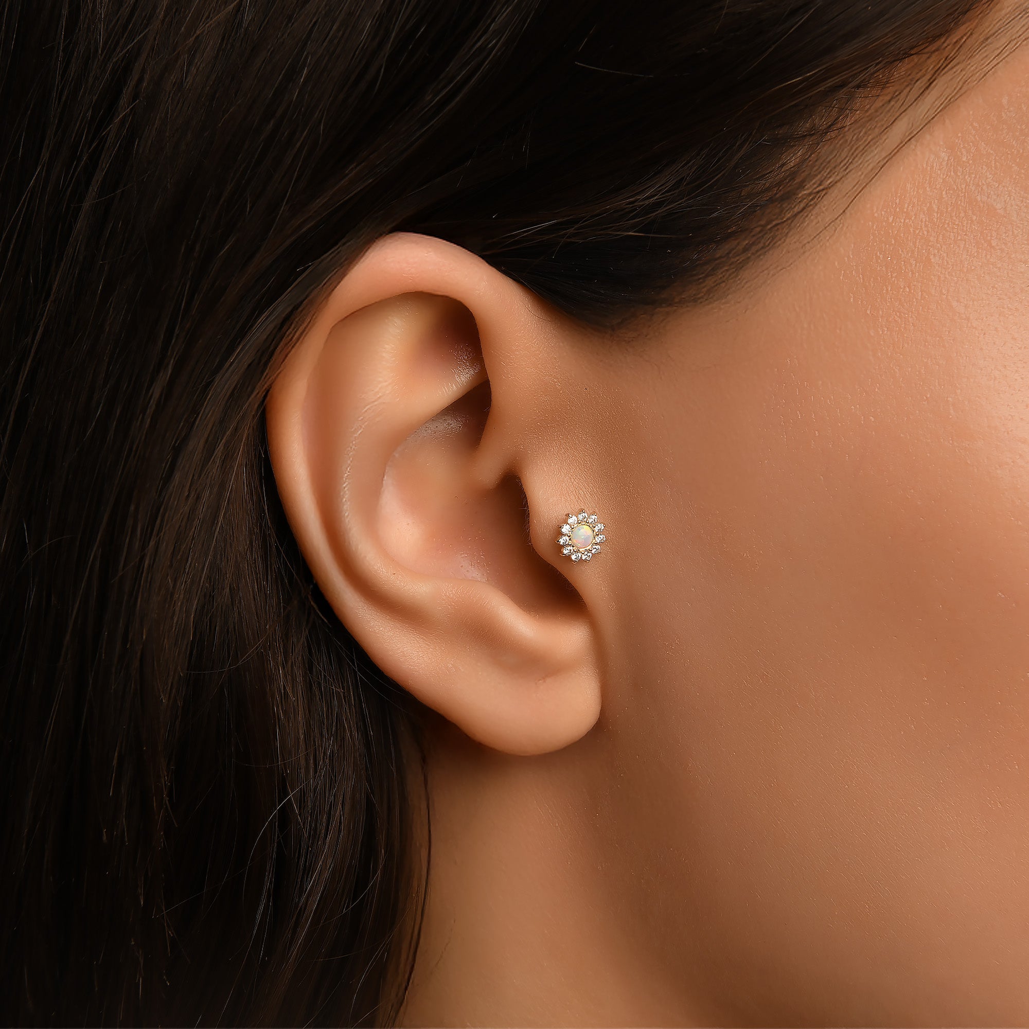 Opalit ve Turmalin Taş Seçenekli Floral Altın Piercing / 14 Ayar Sarı Altın