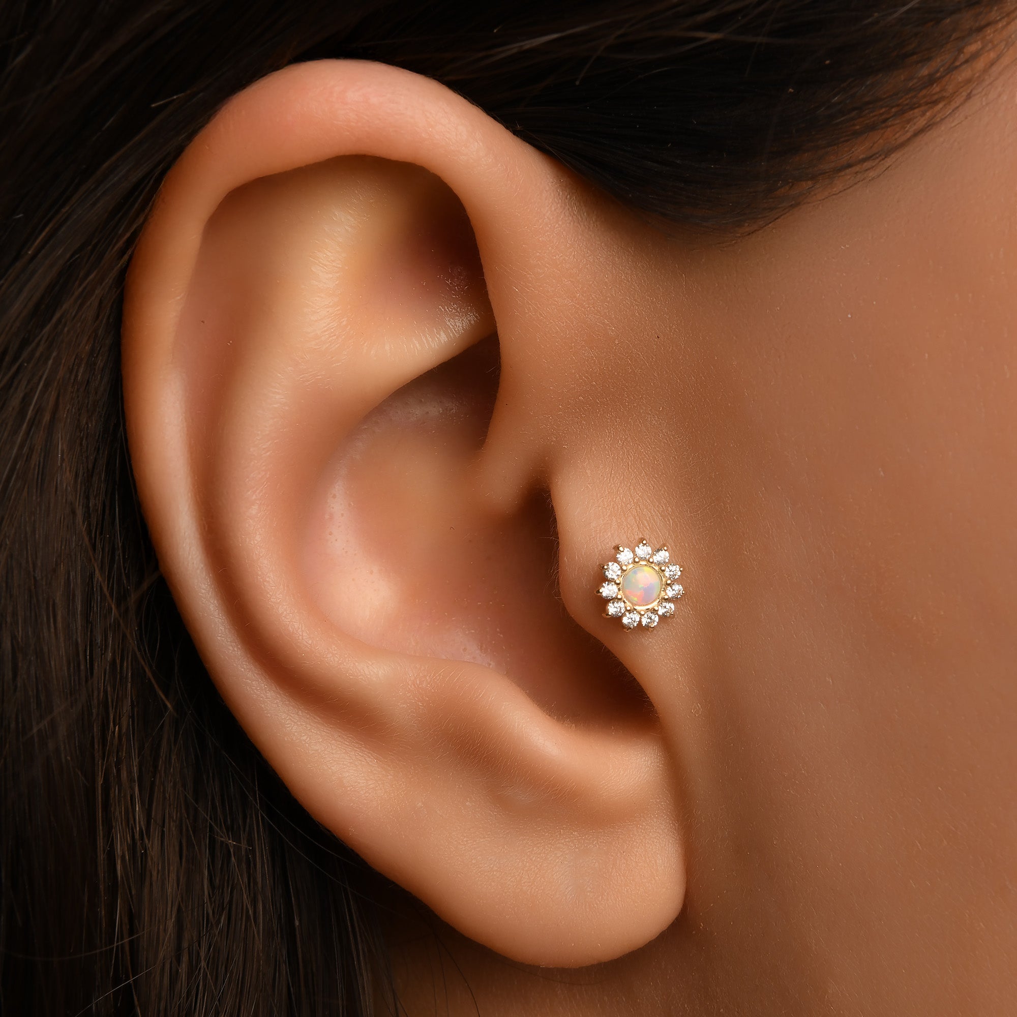 Opalit ve Turmalin Taş Seçenekli Floral Altın Piercing / 14 Ayar Sarı Altın