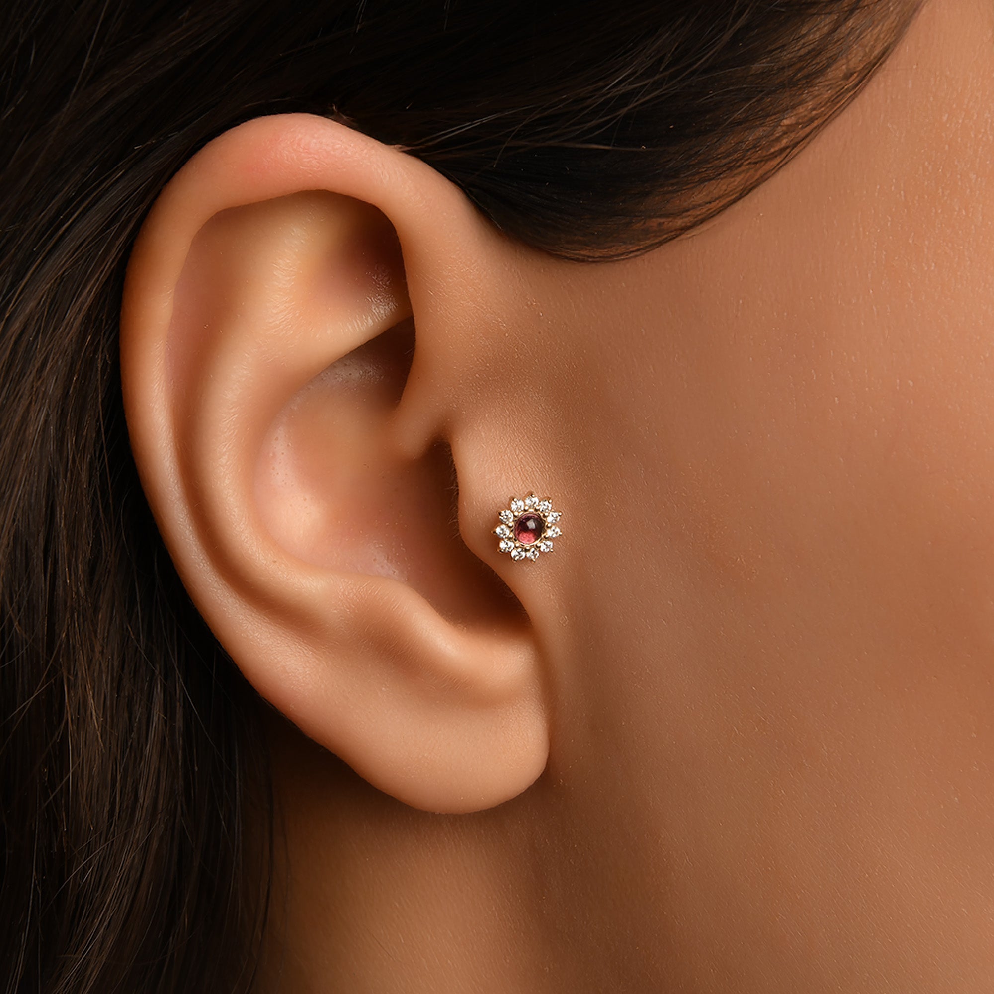 Opalit ve Turmalin Taş Seçenekli Floral Altın Piercing / 14 Ayar Sarı Altın