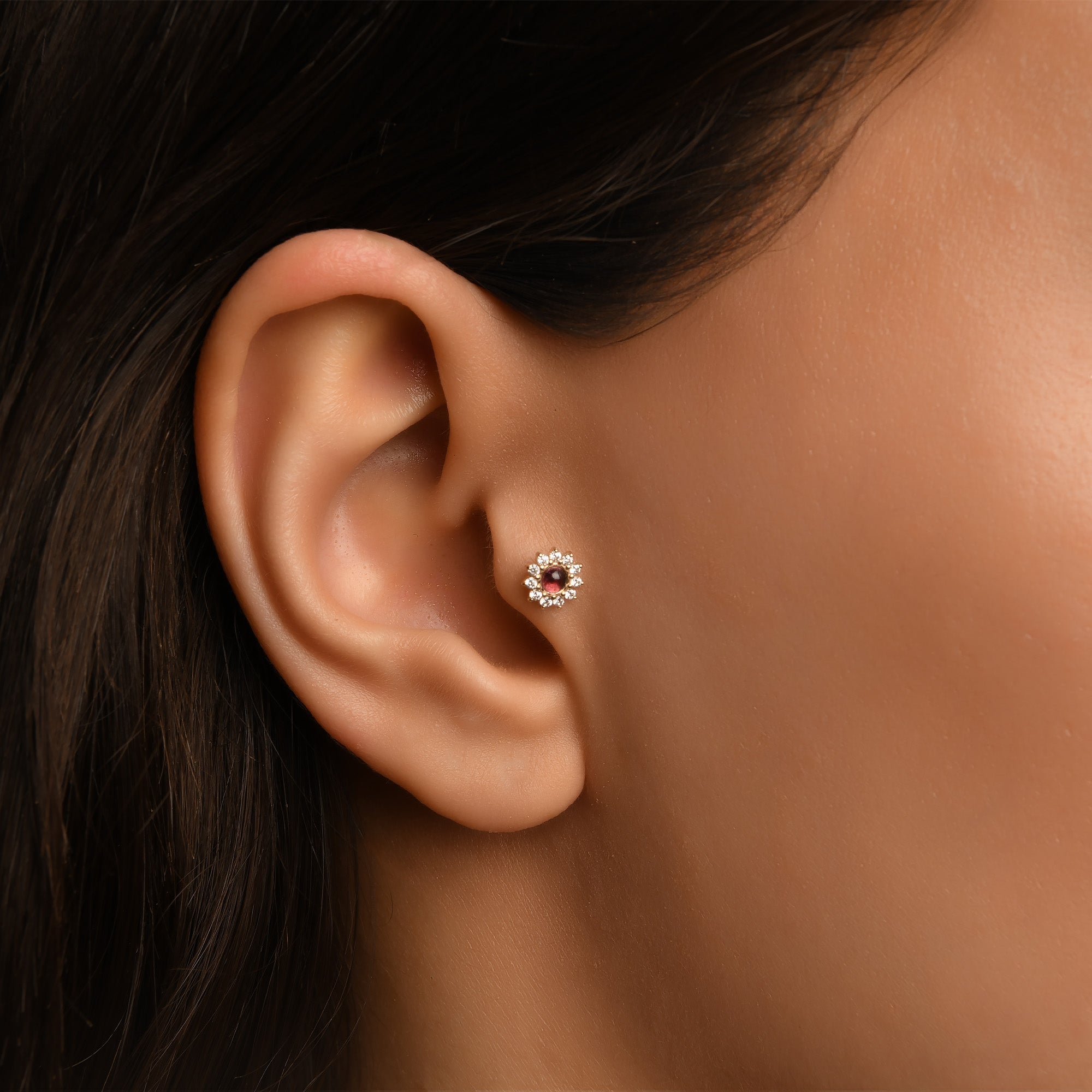 Opalit ve Turmalin Taş Seçenekli Floral Altın Piercing / 14 Ayar Sarı Altın