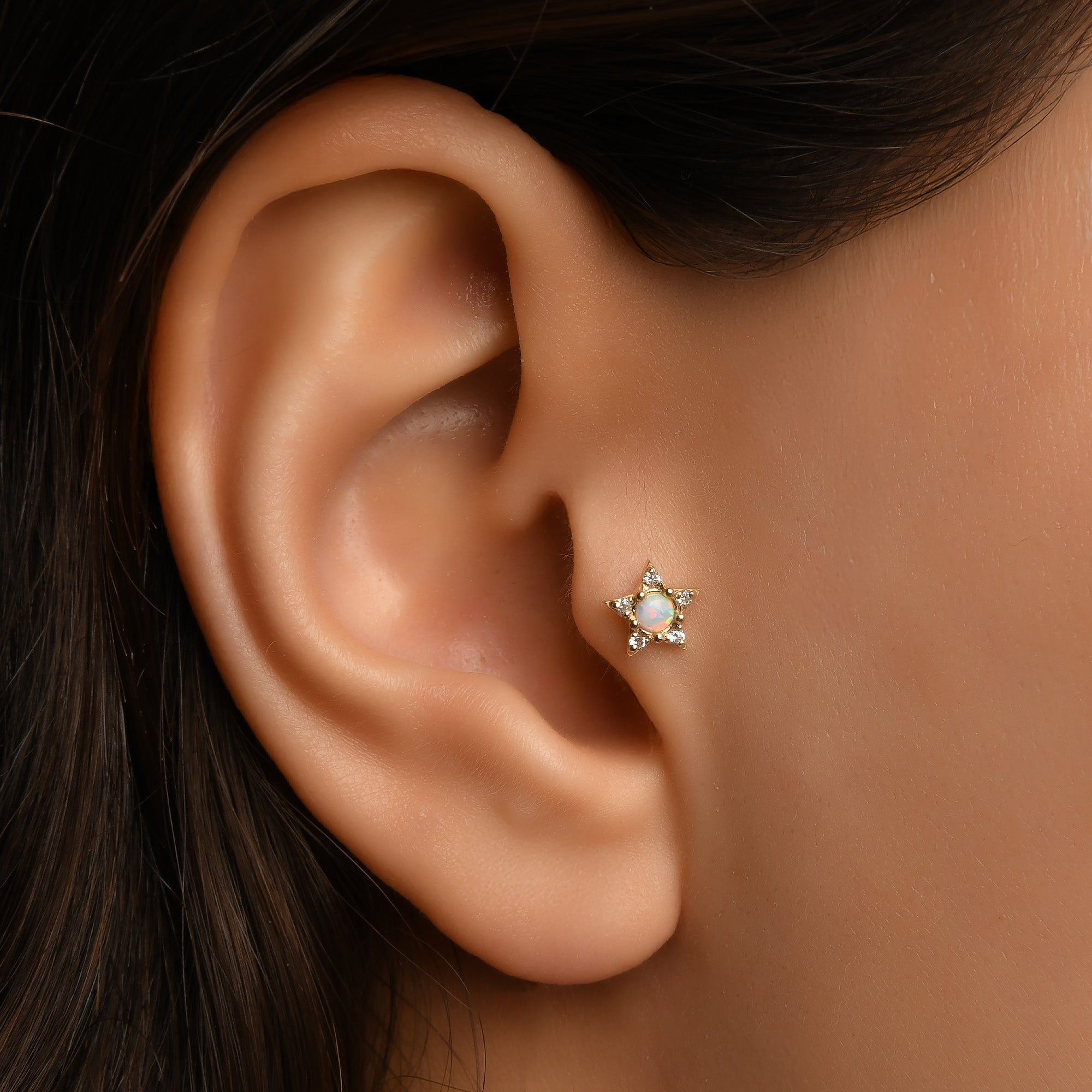 Opalit ve Turmalin Taş Seçenekli Yıldız Altın Piercing / 14 Ayar Sarı Altın