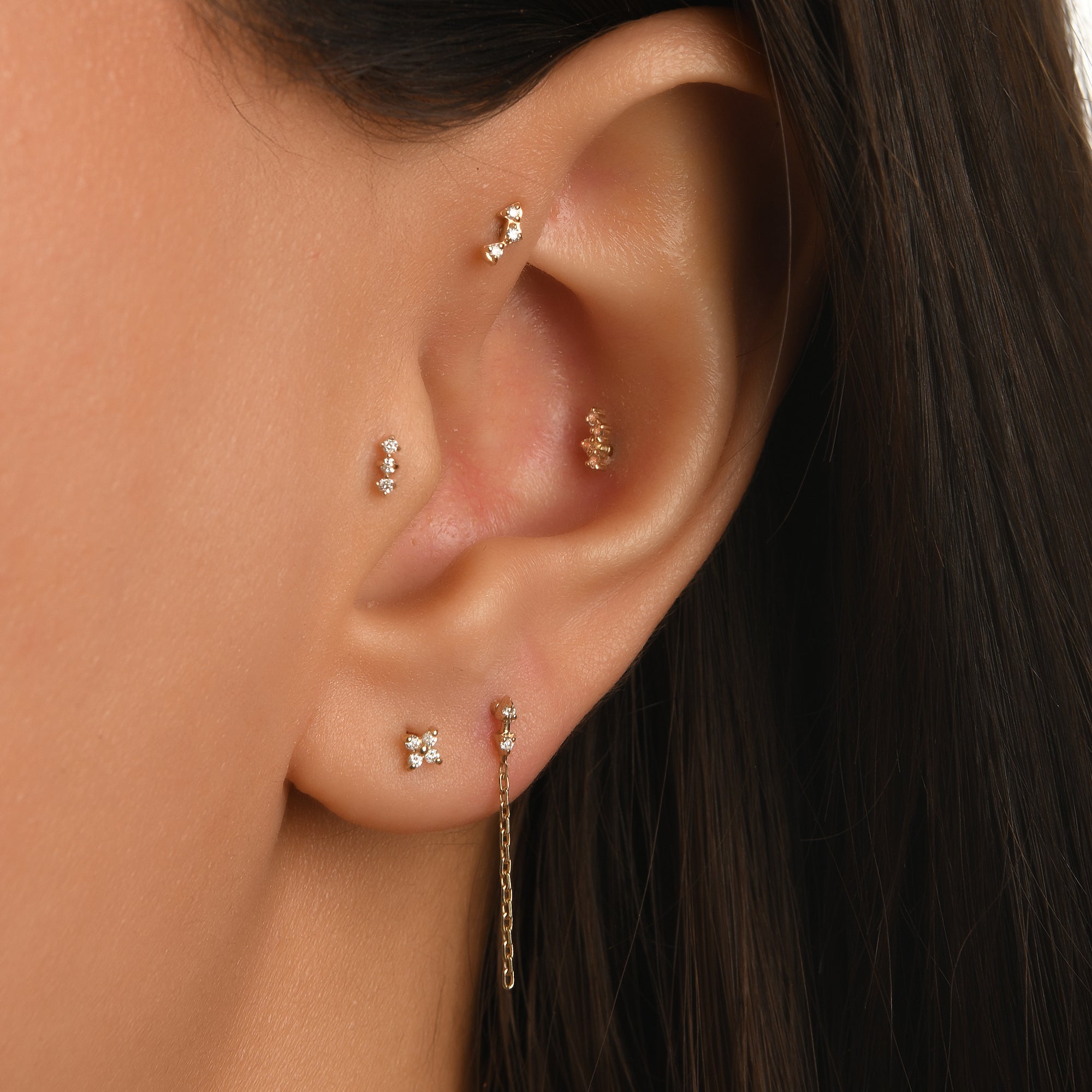 Gusto Premium Trio Üçgen Tragus Pırlanta Piercing / 14 Ayar Sarı Altın