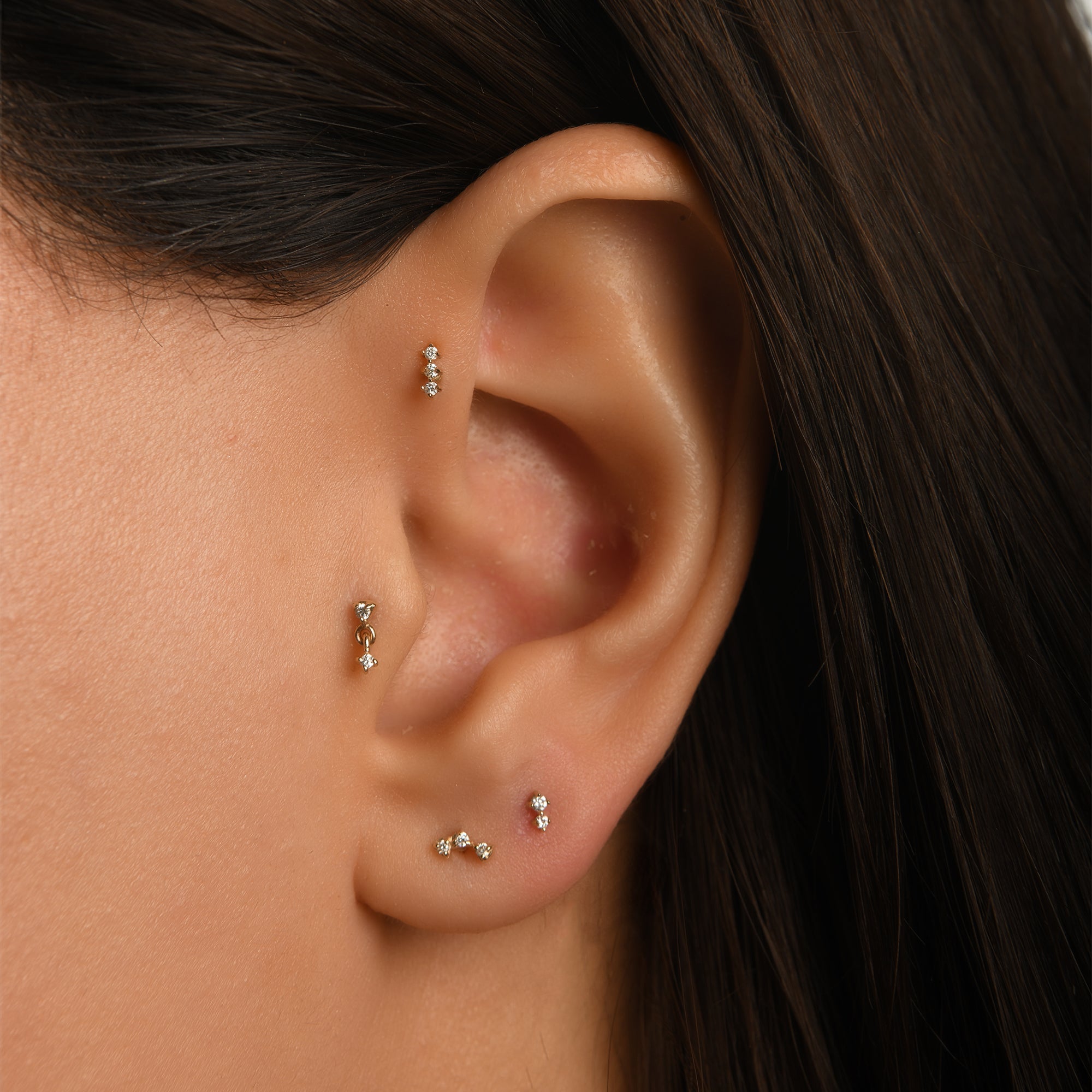 Gusto Premium Trio Üçgen Tragus Pırlanta Piercing / 14 Ayar Sarı Altın