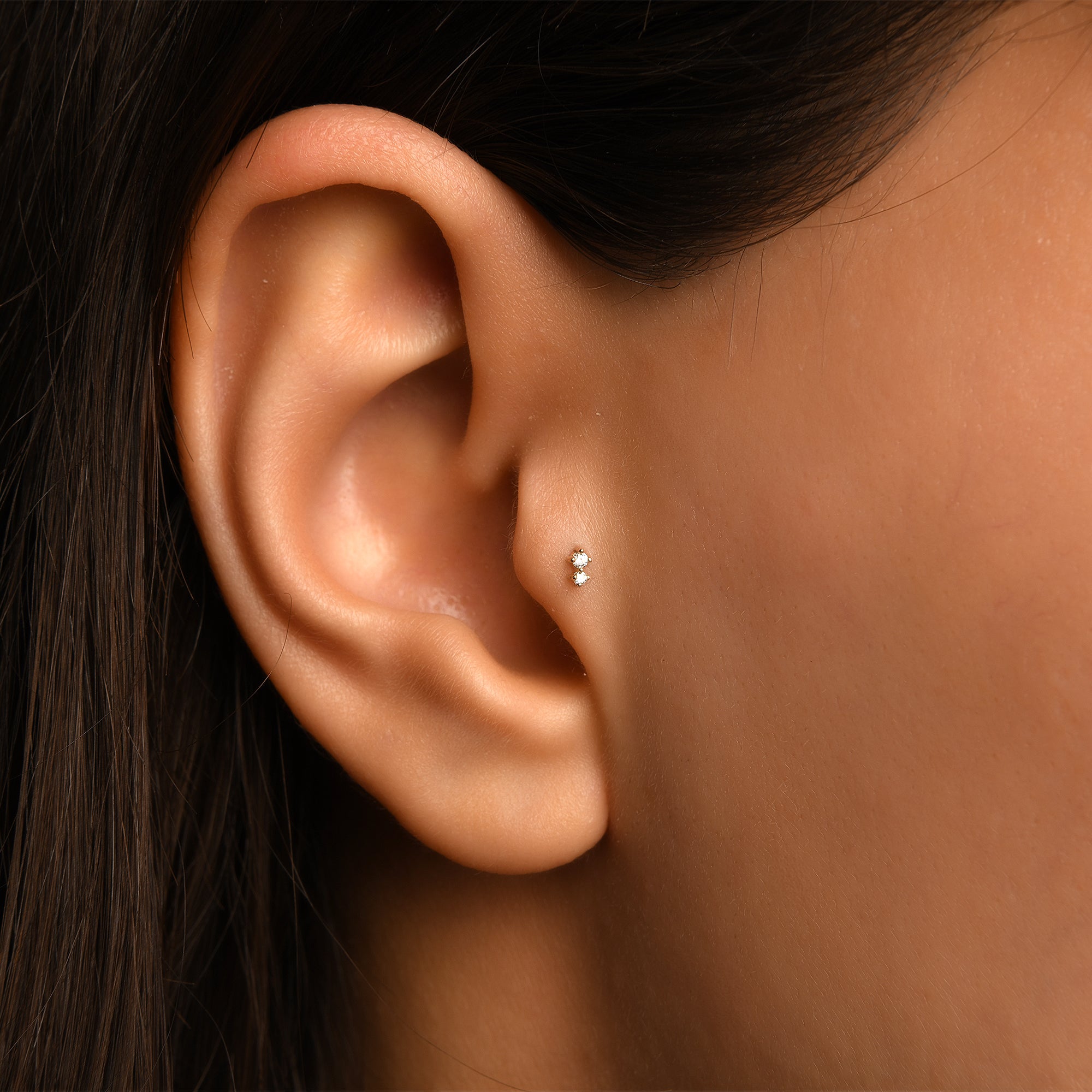 Gusto Premium Çift Taşlı Tragus Pırlanta Piercing / 14 Ayar Sarı Altın