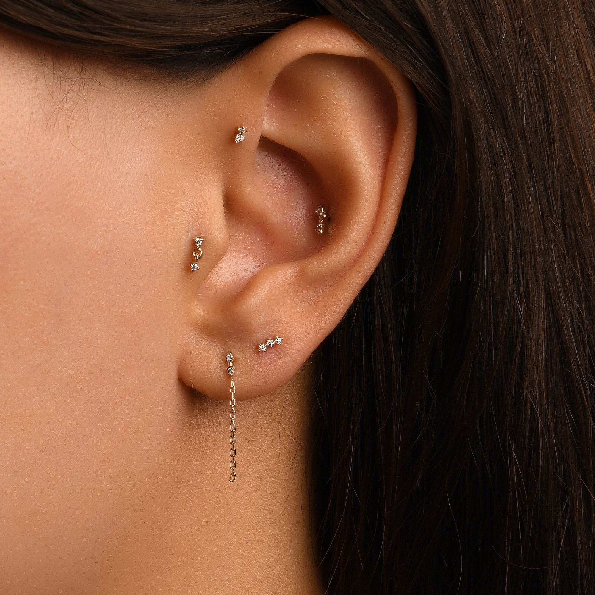 Gusto Premium Üçlü Dizilim Tragus Pırlanta Piercing / 14 Ayar Sarı Altın