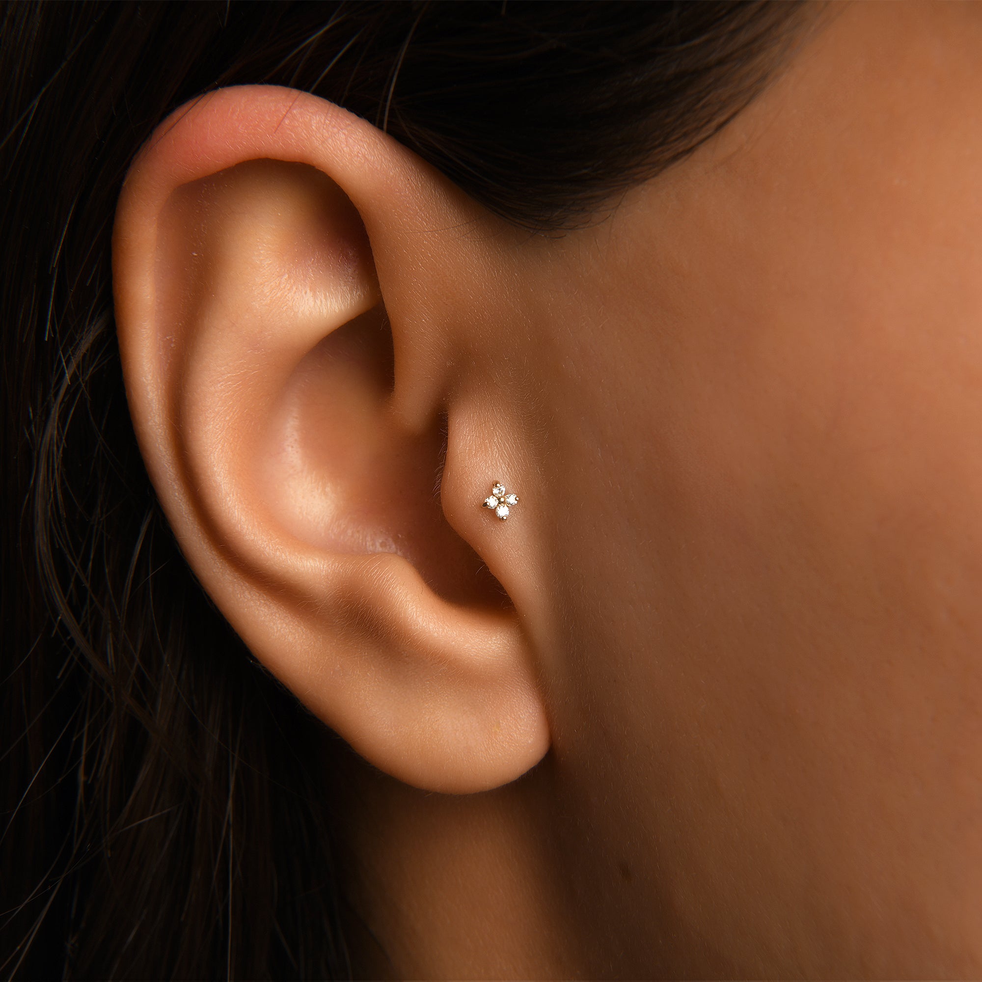 Gusto Premium Dörtlü Ahenk Tragus Pırlanta Piercing / 14 Ayar Sarı Altın