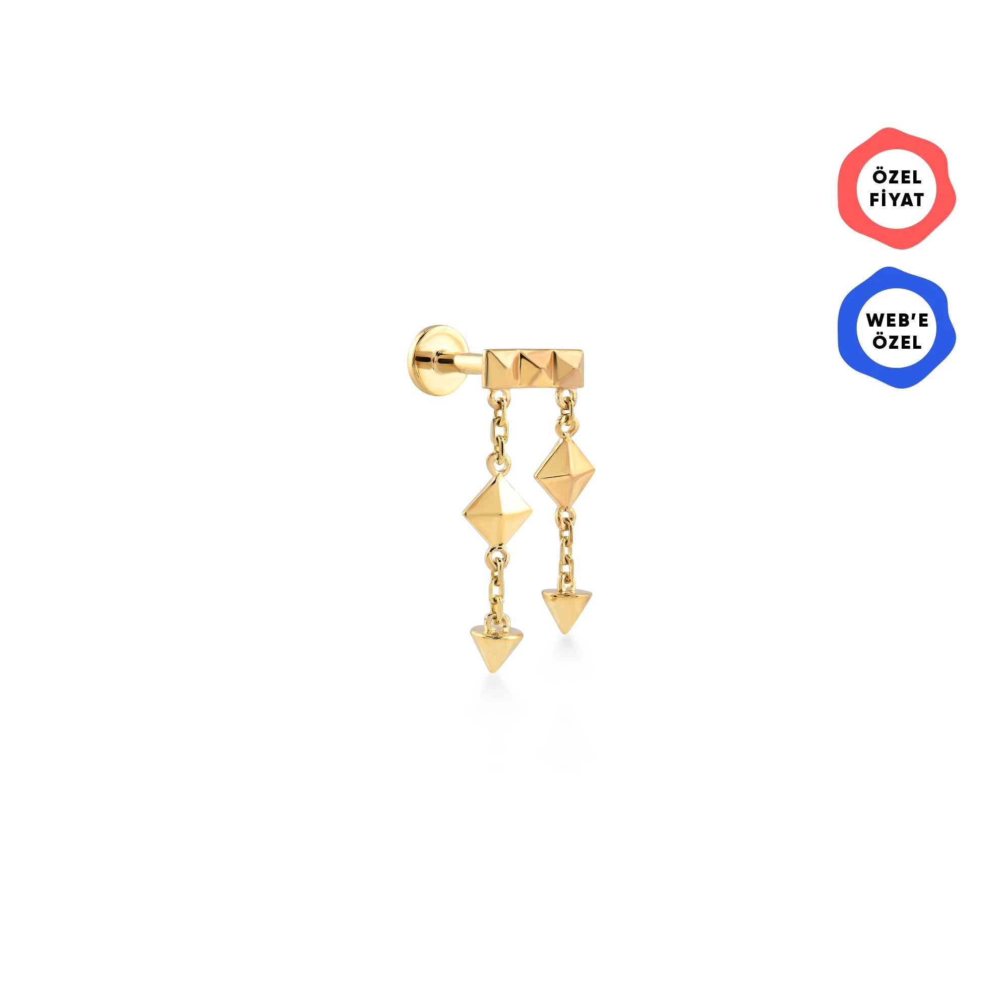 Gaudi Geometrik Detaylı Zincir Sallantılı Yatay Bar Altın Piercing / 14 Ayar Sarı Altın