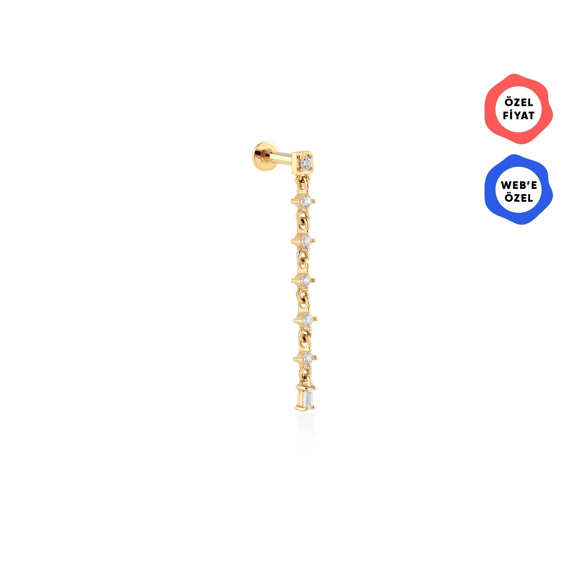 Gaudi Uzun Zincir Sallantılı Taşlı Altın Piercing / 14 Ayar Sarı Altın