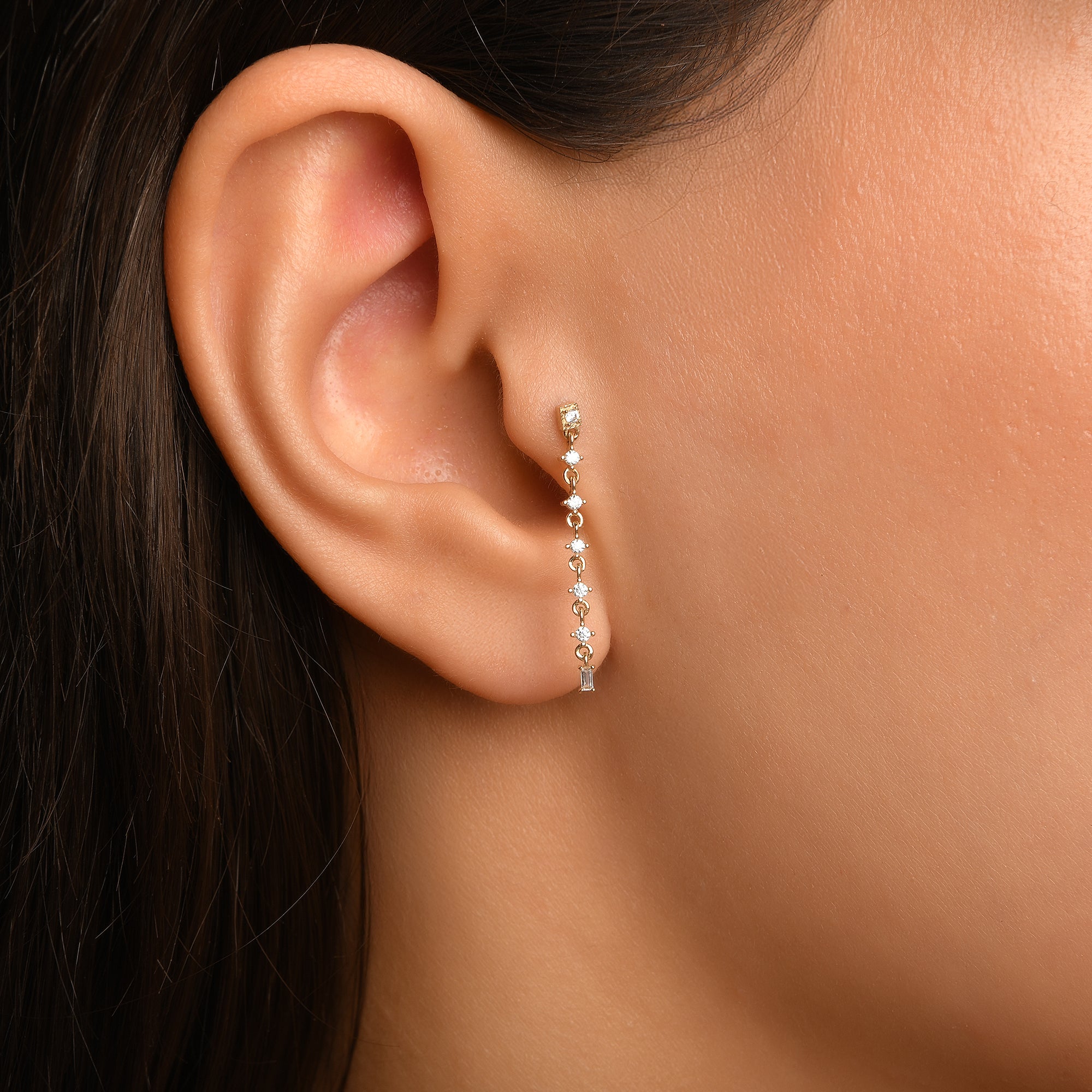 Gaudi Uzun Zincir Sallantılı Taşlı Altın Piercing / 14 Ayar Sarı Altın