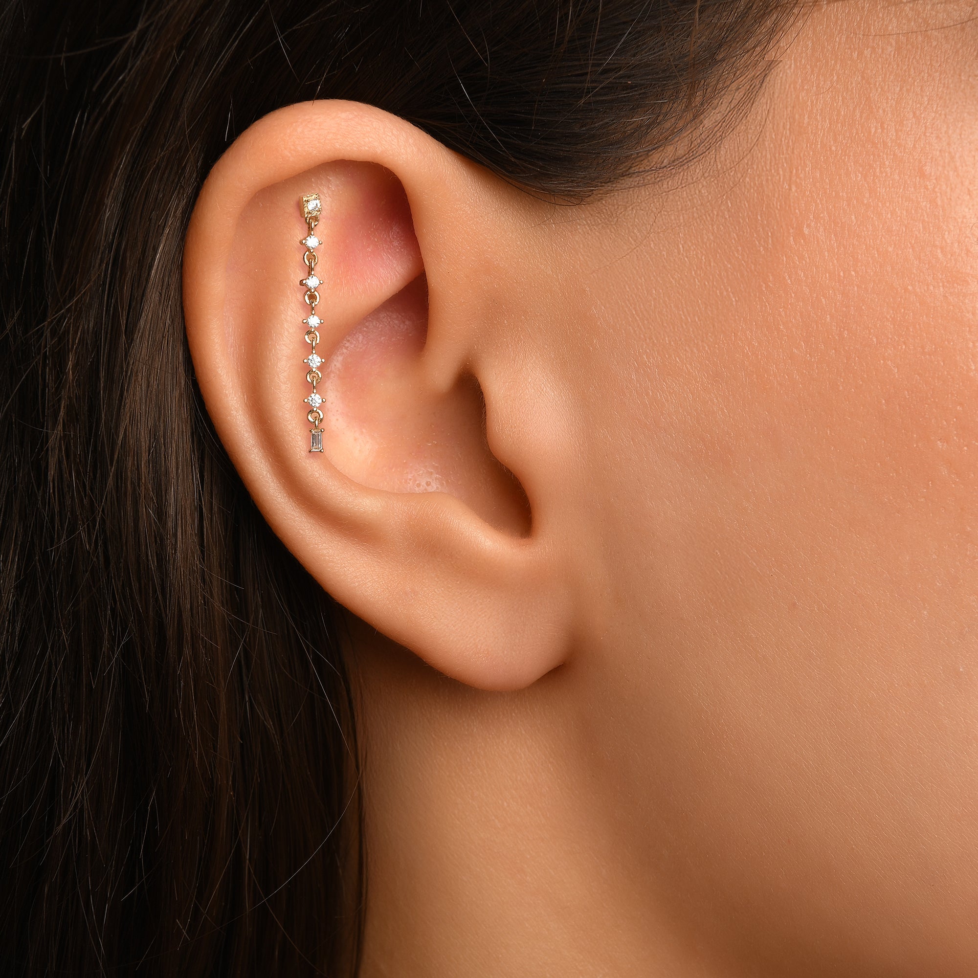 Gaudi Uzun Zincir Sallantılı Taşlı Altın Piercing / 14 Ayar Sarı Altın