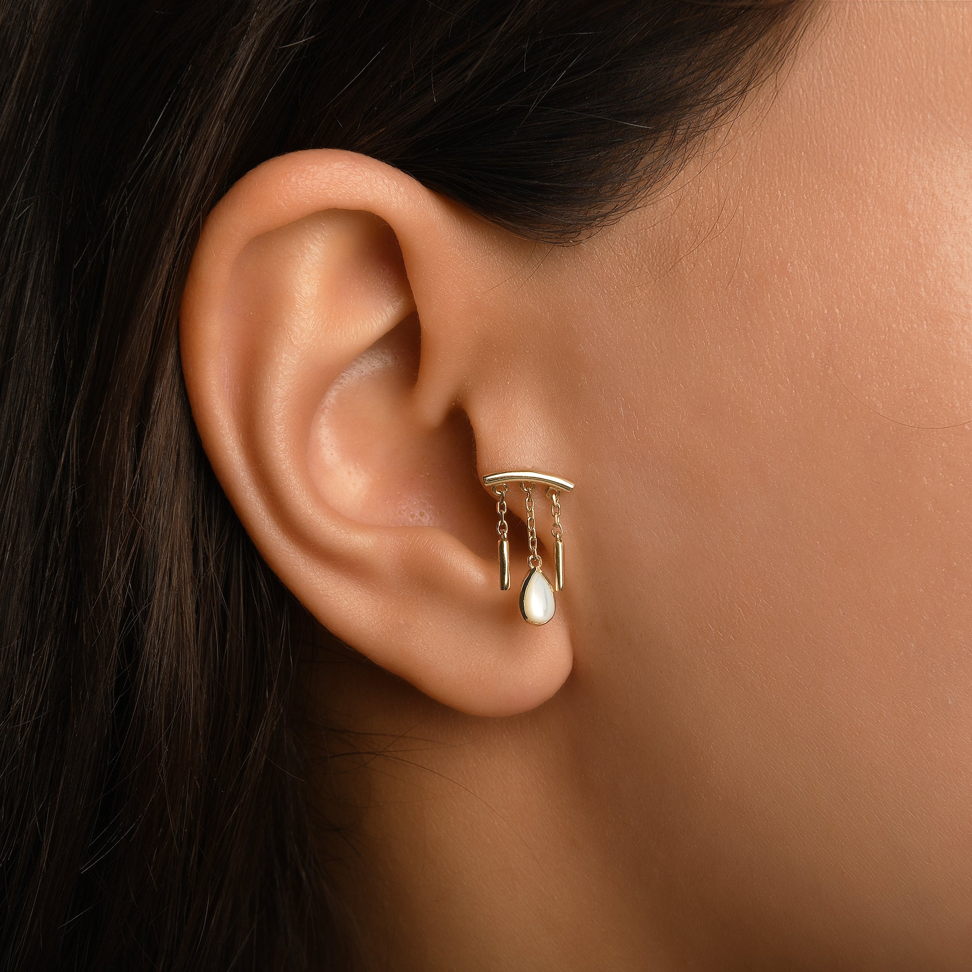 Gaudi Kavisli Bar Sallantılı Damla Opal Taşlı Altın Piercing / 14 Ayar Sarı Altın