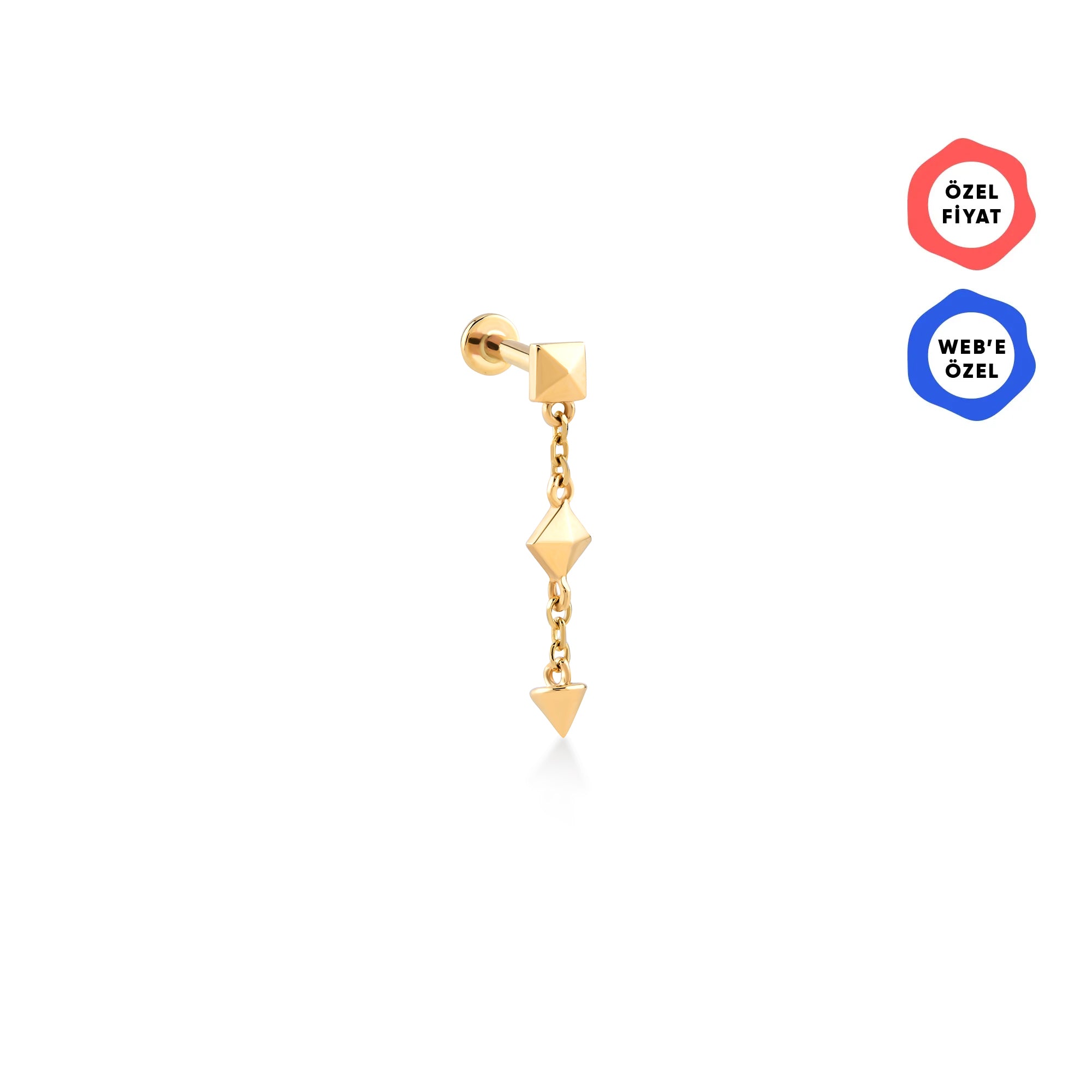 Gaudi Geometrik Detaylı Tek Zincir Sallantılı Altın Piercing / 14 Ayar Sarı Altın