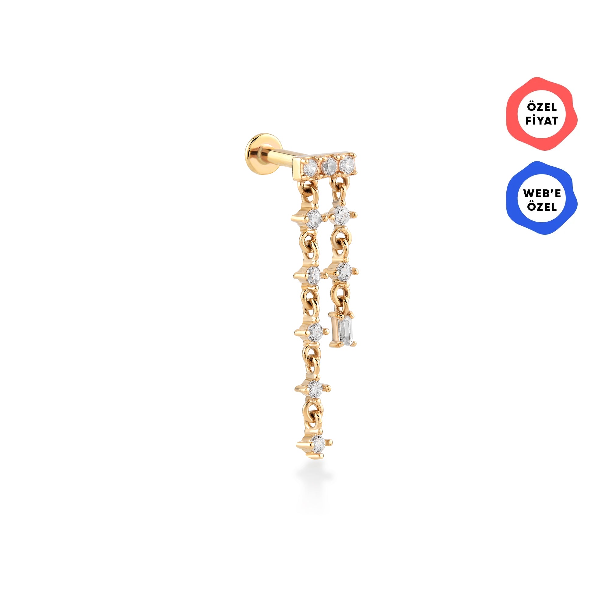 Gaudi Zincir Sallantılı Dikey Dizili Taşlı Yatay Bar Altın Piercing / 14 Ayar Sarı Altın