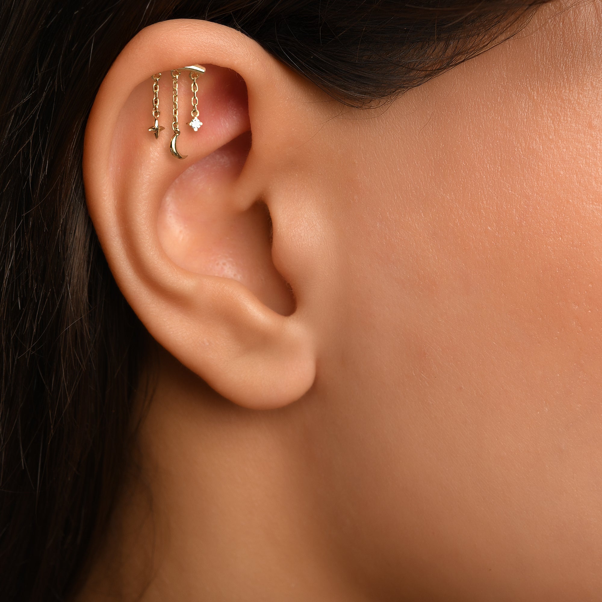 Gaudi Kavisli Bar Sallantılı Taşlı Yıldız ve Ay Figürlü Altın Piercing / 14 Ayar Sarı Altın