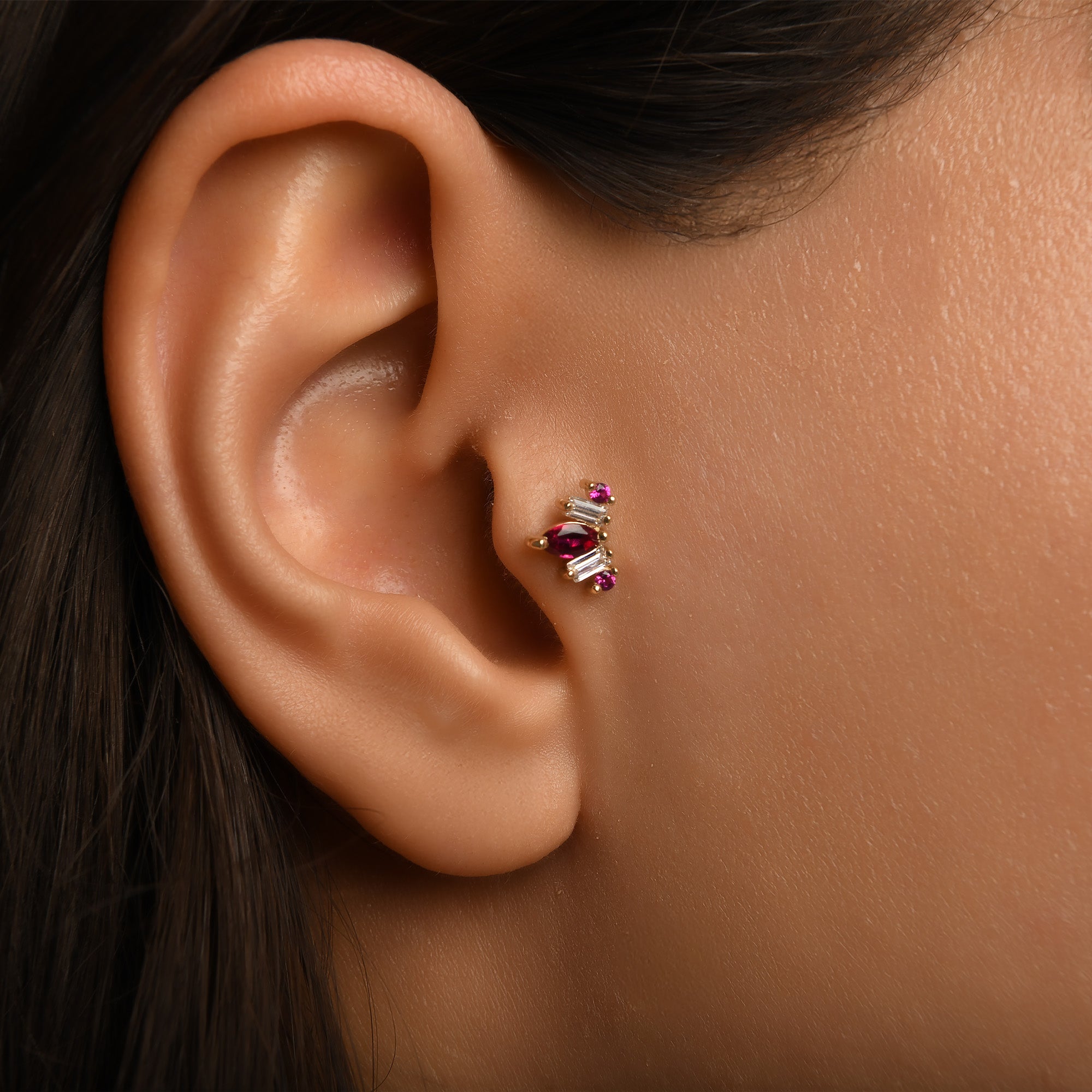 Markiz Renkli Taş Seçenekli Altın Piercing / 14 Ayar Sarı Altın