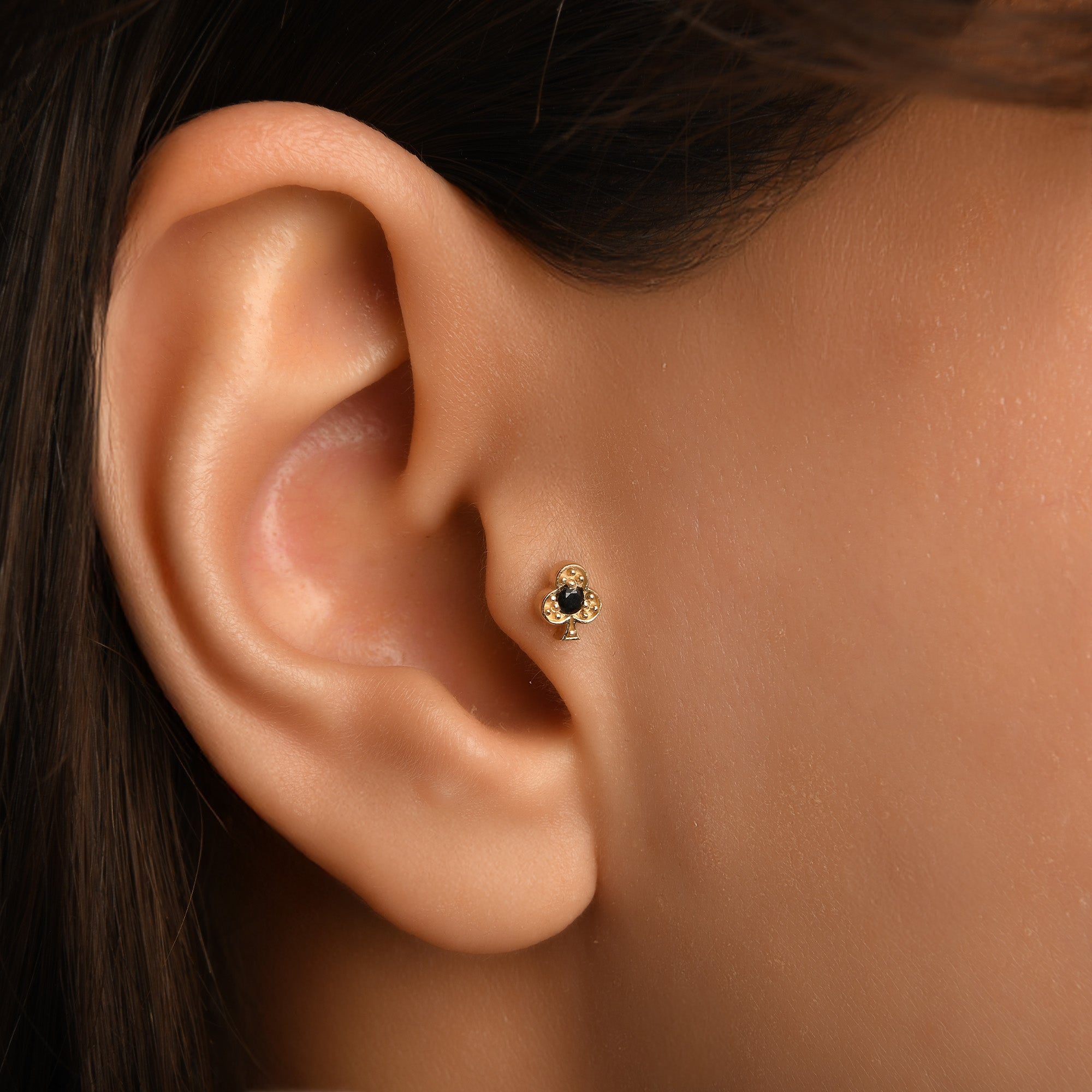 Sinek Siyah Taşlı Altın Piercing / 14 Ayar Sarı Altın