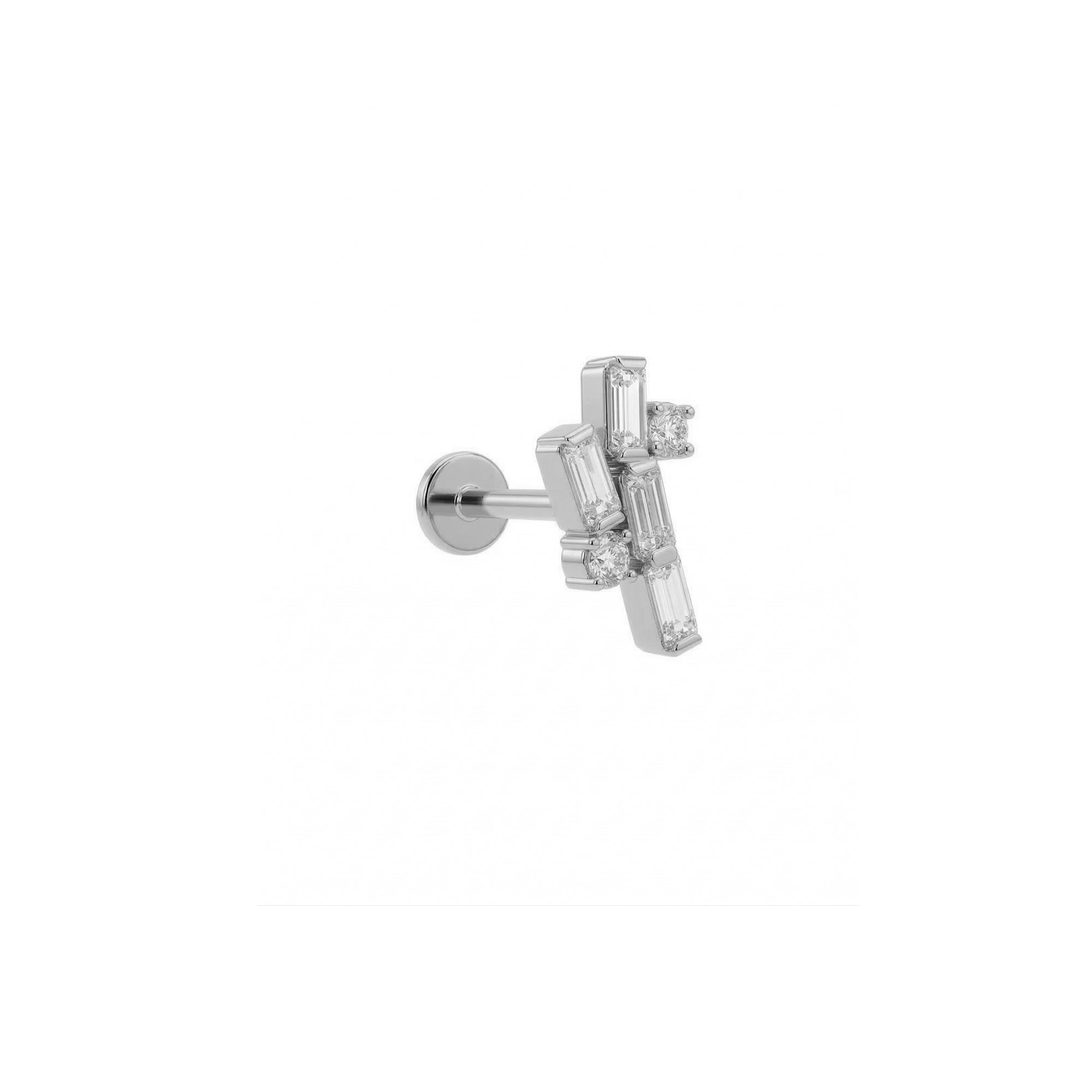 Asimetrik Baguette Taşlı Altın Piercing / 14 Ayar Beyaz Altın
