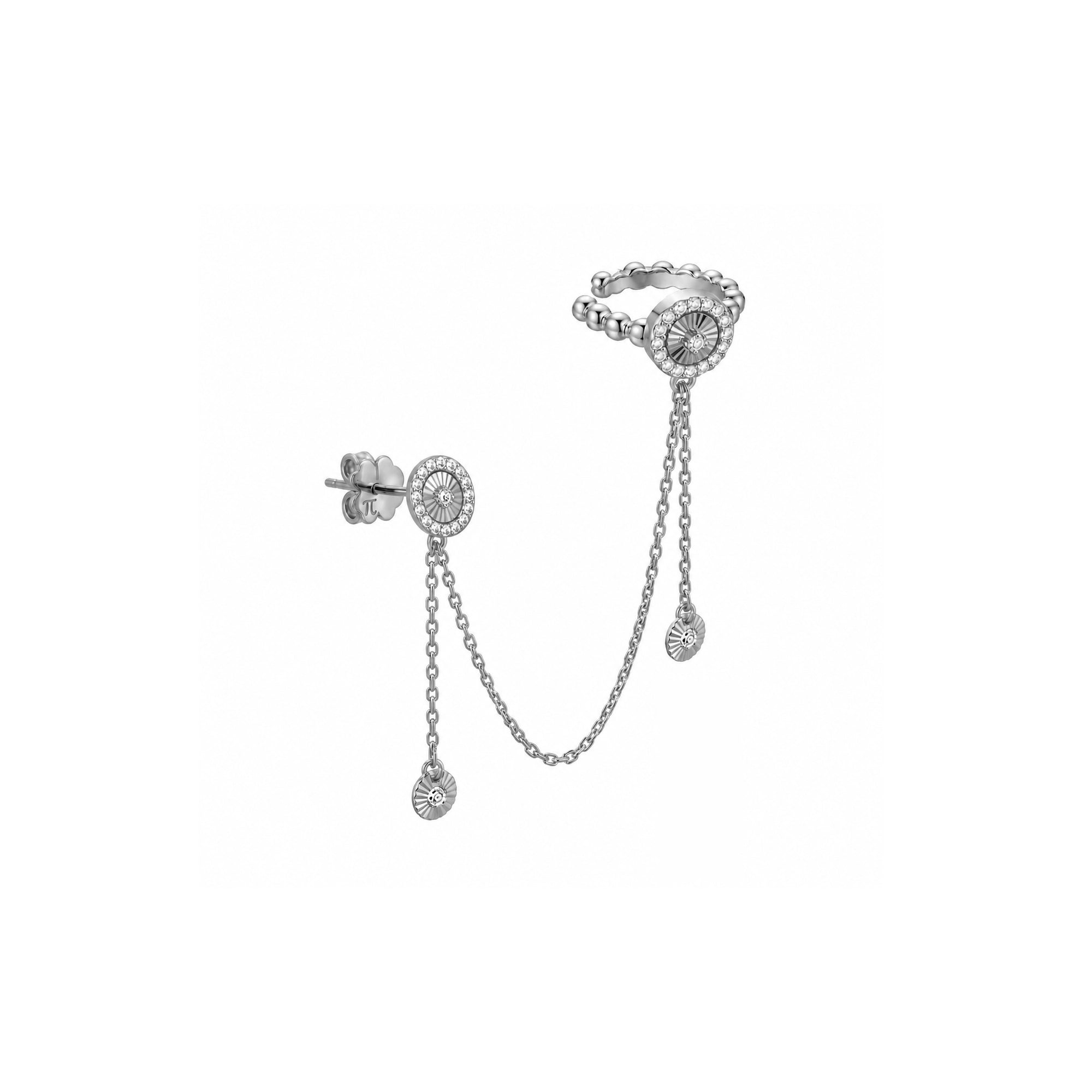 Flamenko Zincir Sallantılı Taşlı Halka Earcuff Küpe / 14 Ayar Beyaz Altın