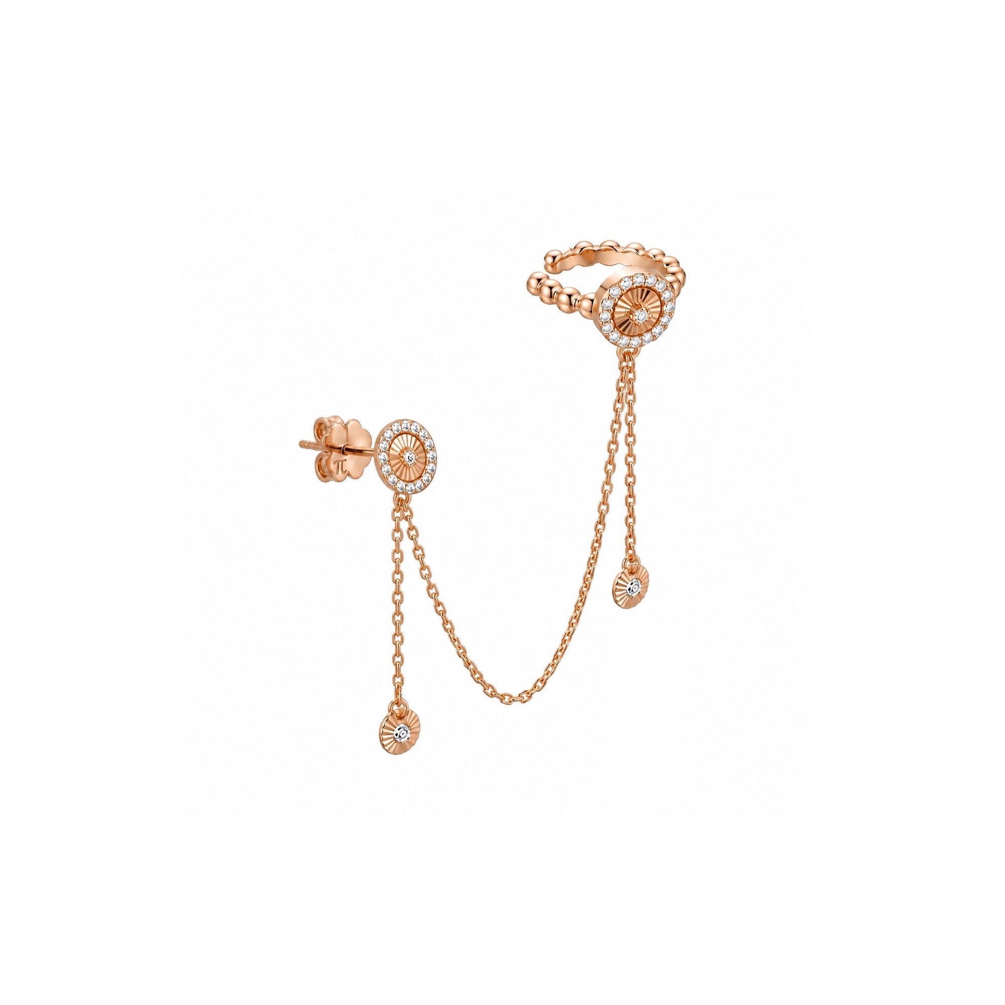 Flamenko Zincir Sallantılı Taşlı Halka Earcuff Küpe / 14 Ayar Rose Altın