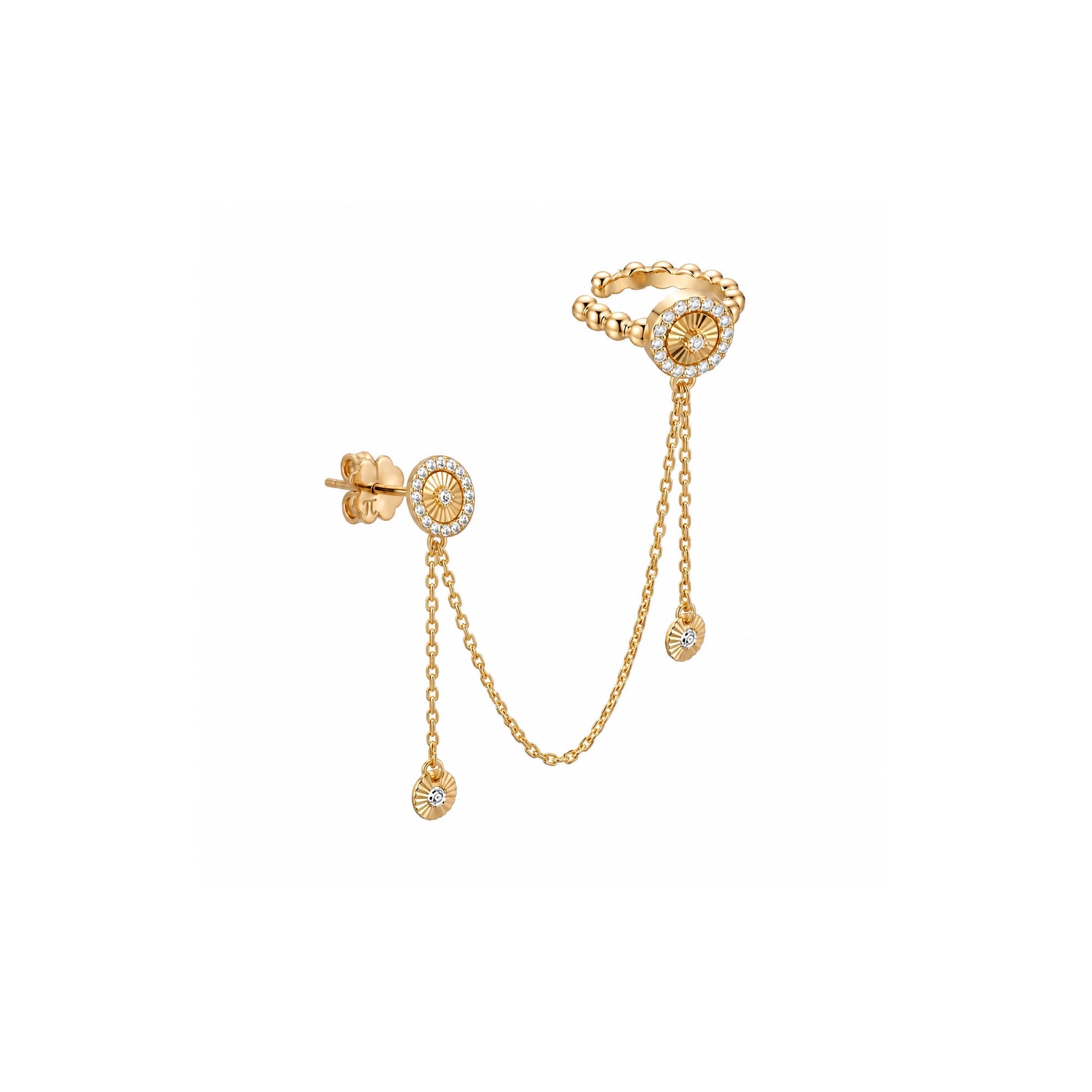 Flamenko Zincir Sallantılı Taşlı Halka Earcuff Küpe / 14 Ayar Sarı Altın