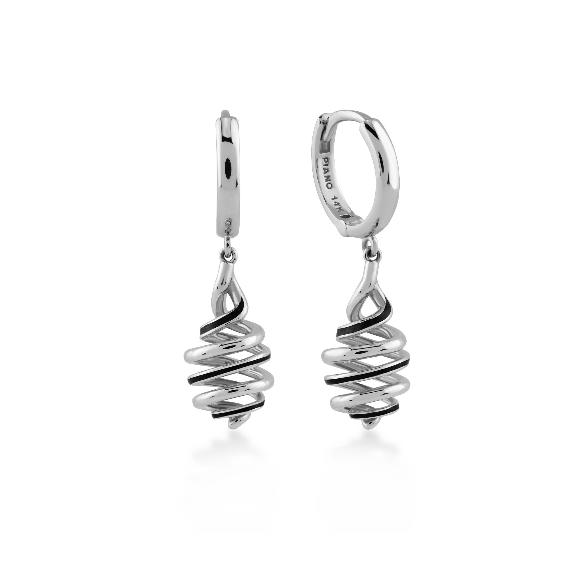 Mineli Spiral Sallantılı Altın Halka Küpe / 14 Ayar Beyaz Altın