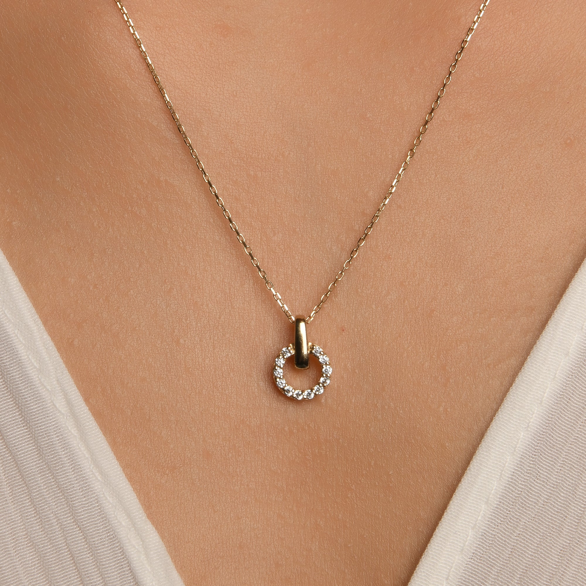 Halka Detaylı Taşlı Altın Kolye / 14 Ayar Sarı Altın