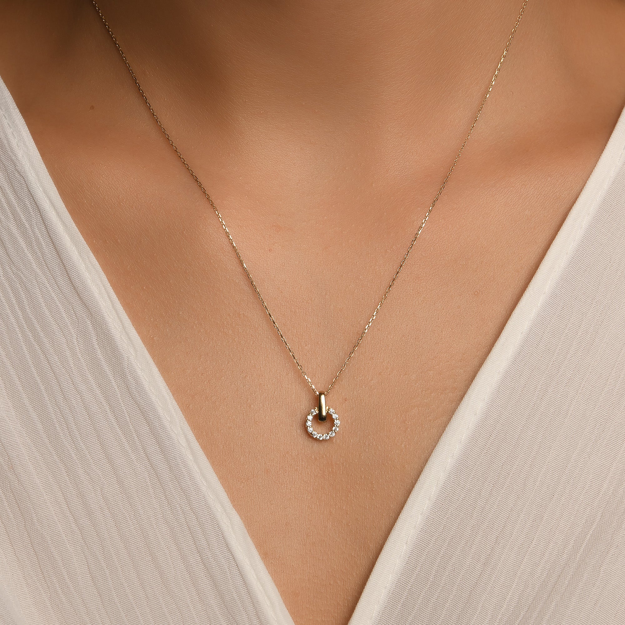 Halka Detaylı Taşlı Altın Kolye / 14 Ayar Sarı Altın