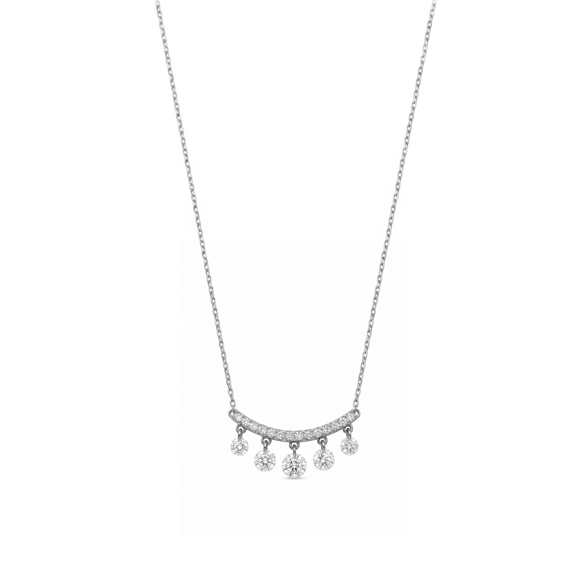 Lumina Curved Bar Sallantılı Taşlı Altın Kolye / 14 Ayar Beyaz Altın
