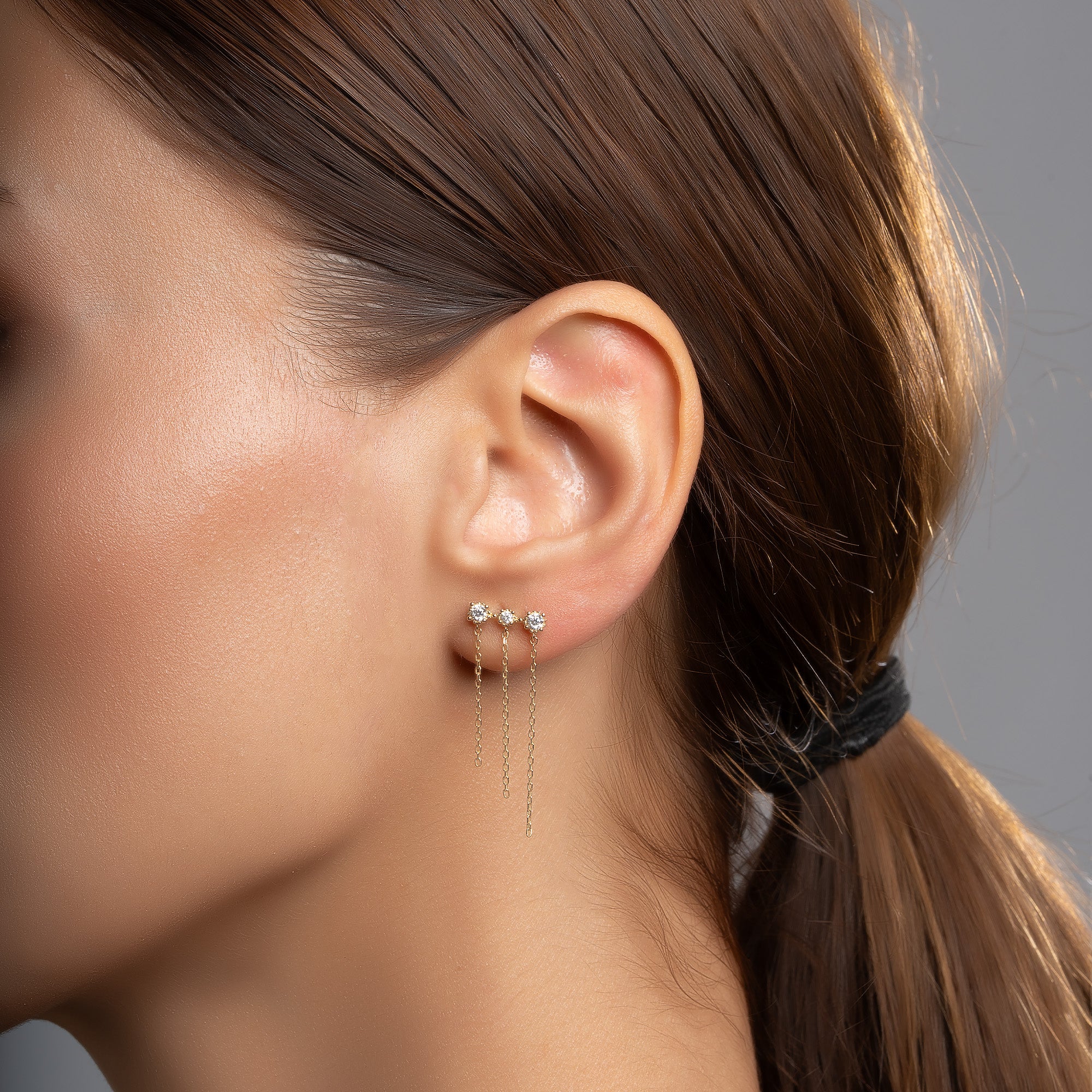 Zincir Sallantılı Taşlı Altın Küpe / 14 Ayar Sarı Altın