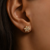 Çiçek Form İncili Altın Küpe / 14 Ayar Sarı Altın