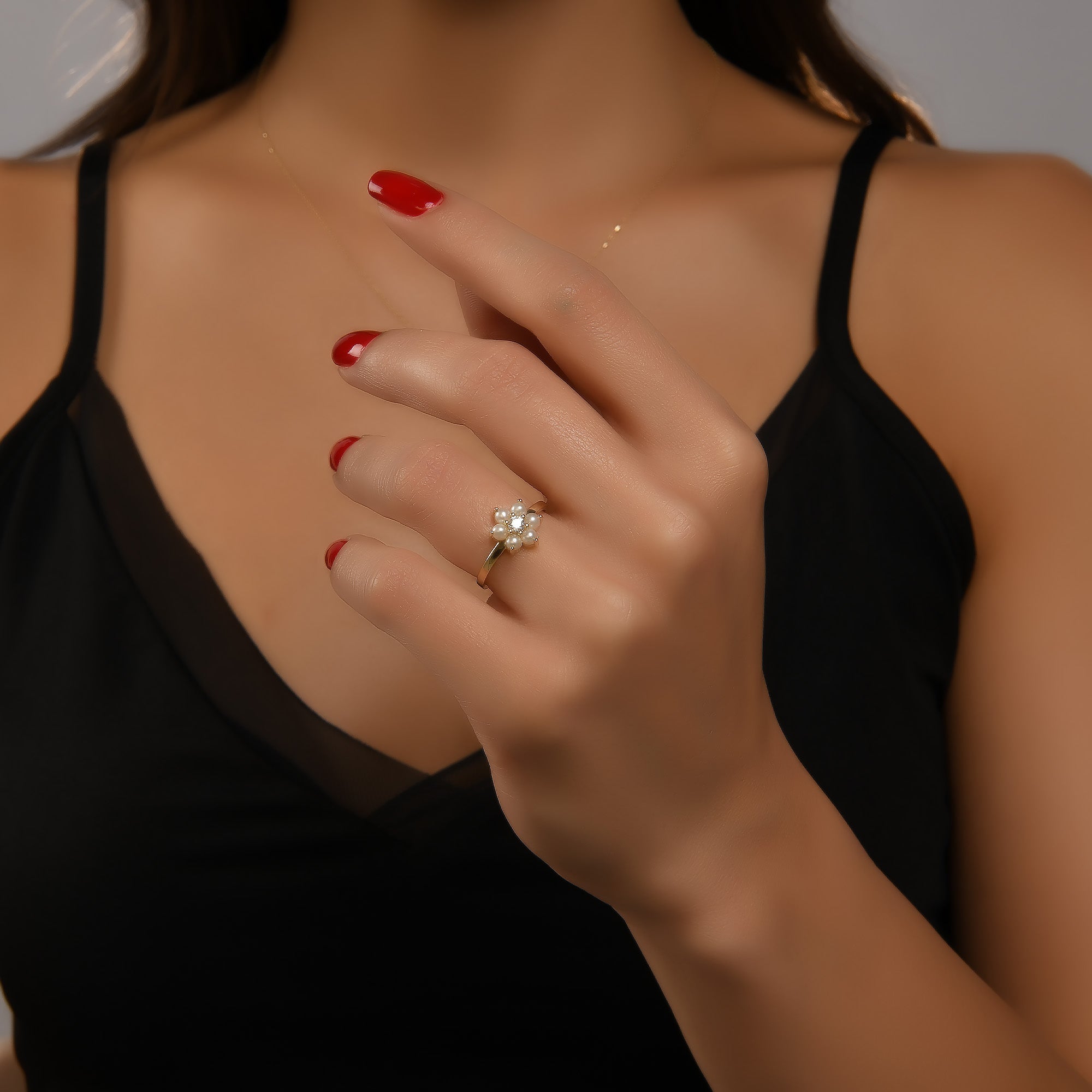 Çiçek Form İncili Altın Yüzük / 14 Ayar Sarı Altın