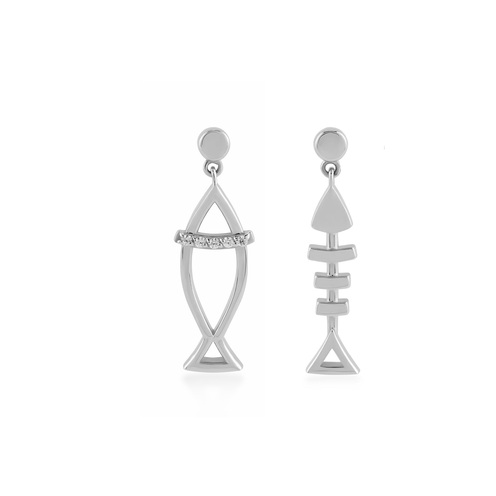 Stilize Çift Balık Figürlü Taşlı Altın Küpe / 14 Ayar Beyaz Altın