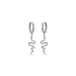 Yılan Sallantılı Taşlı Altın Halka Küpe / 14 Ayar Beyaz Altın