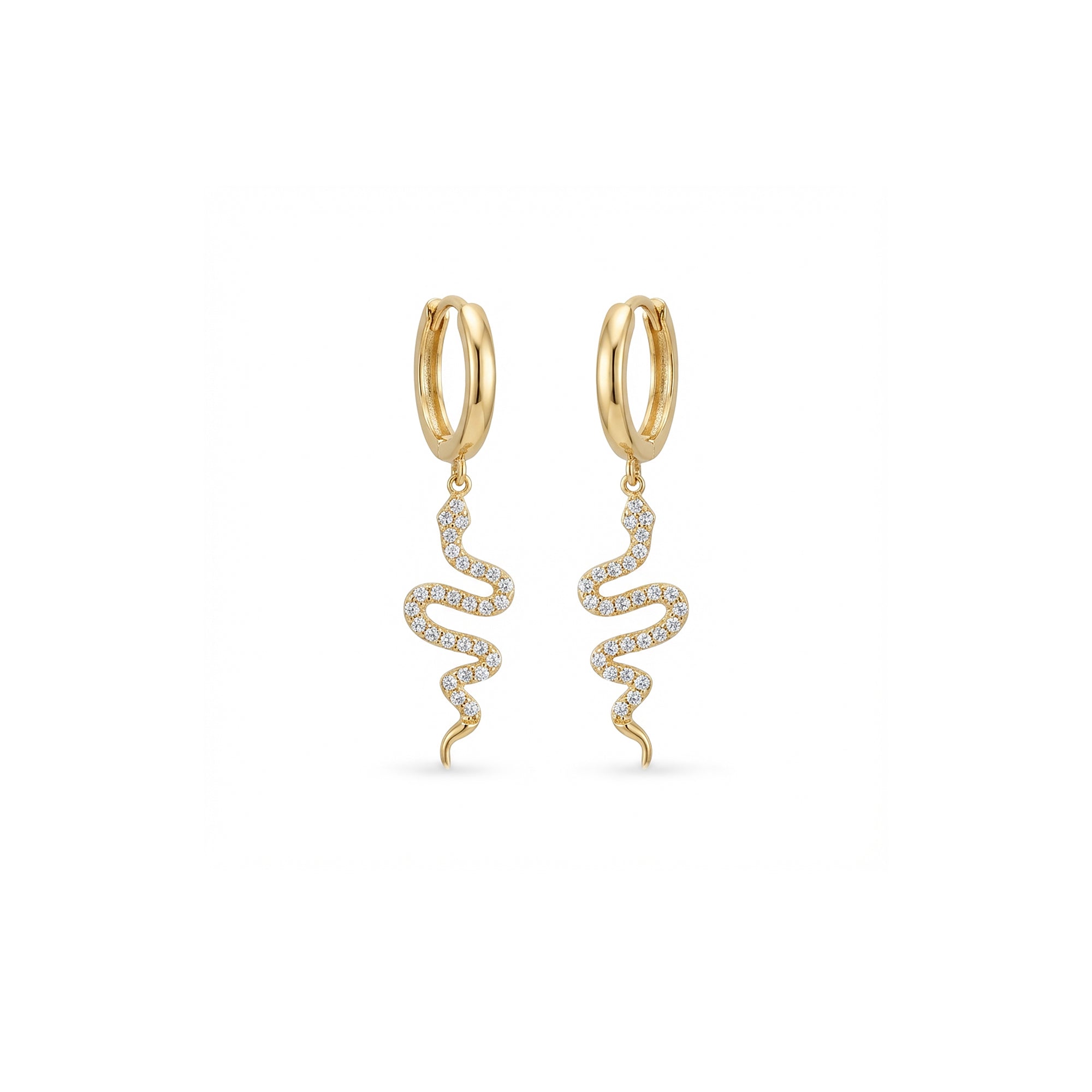 Yılan Sallantılı Taşlı Altın Halka Küpe / 14 Ayar Sarı Altın